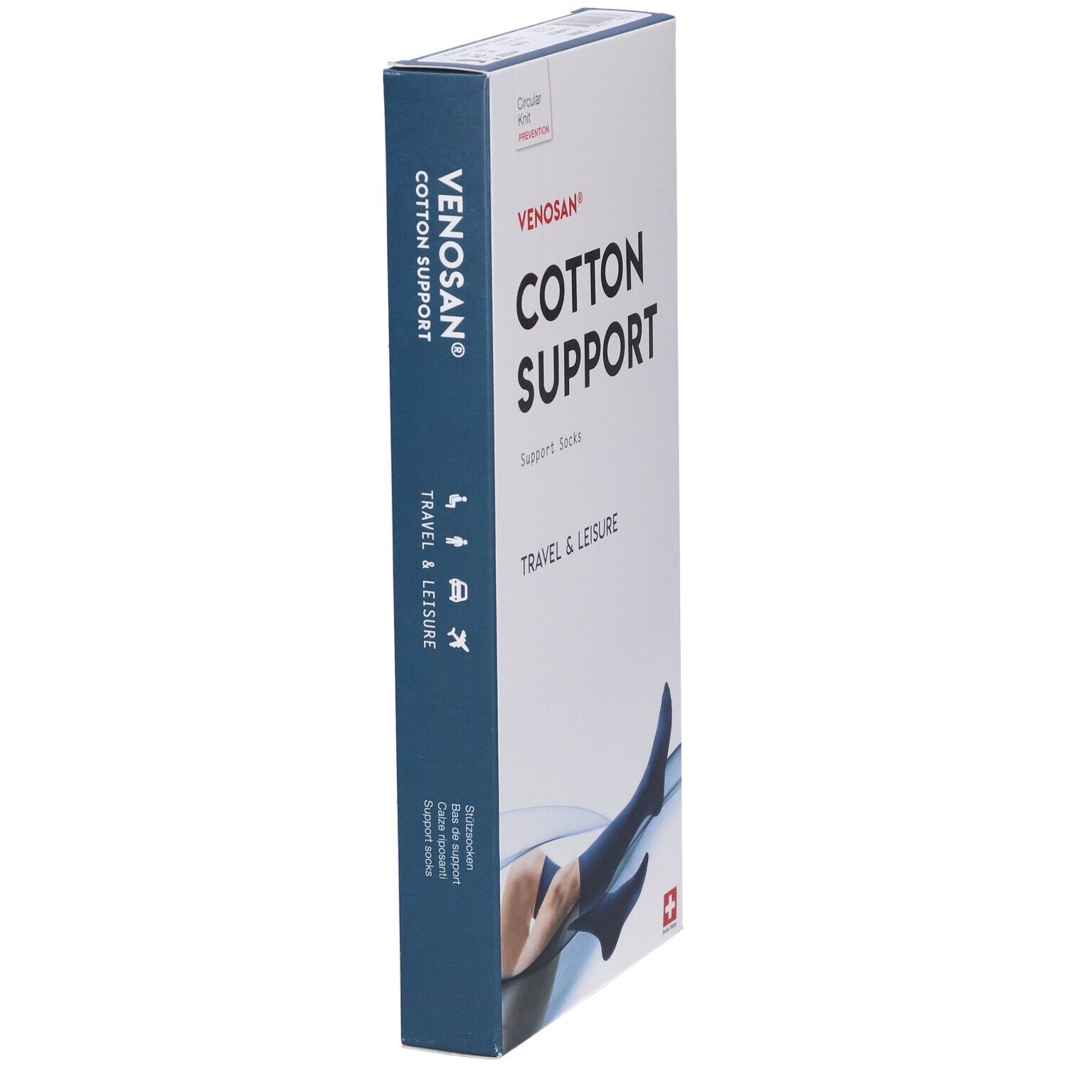 Scatola Venosan Cotton Support. Calze di supporto blu, raffigurate su una persona. Croce svizzera.