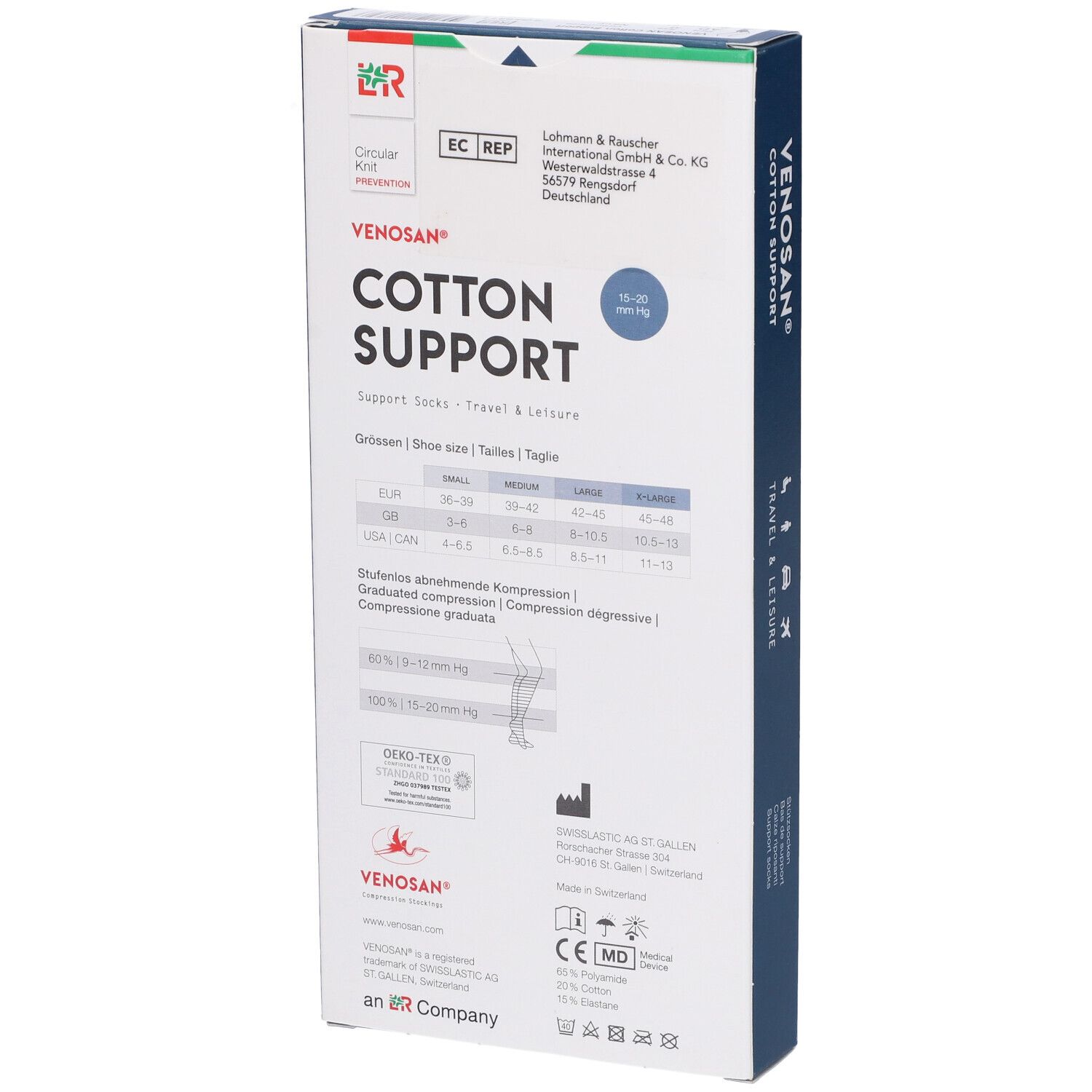 Scatola Venosan Cotton Support. Retro con informazioni sulle taglie e certificazioni. Croce svizzera.