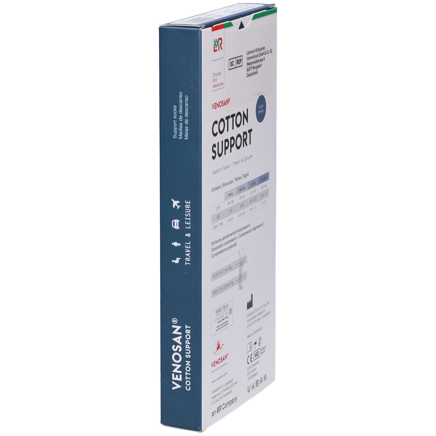 Scatola Venosan Cotton Support. Vista laterale con informazioni sul prodotto e certificazioni. Croce svizzera.