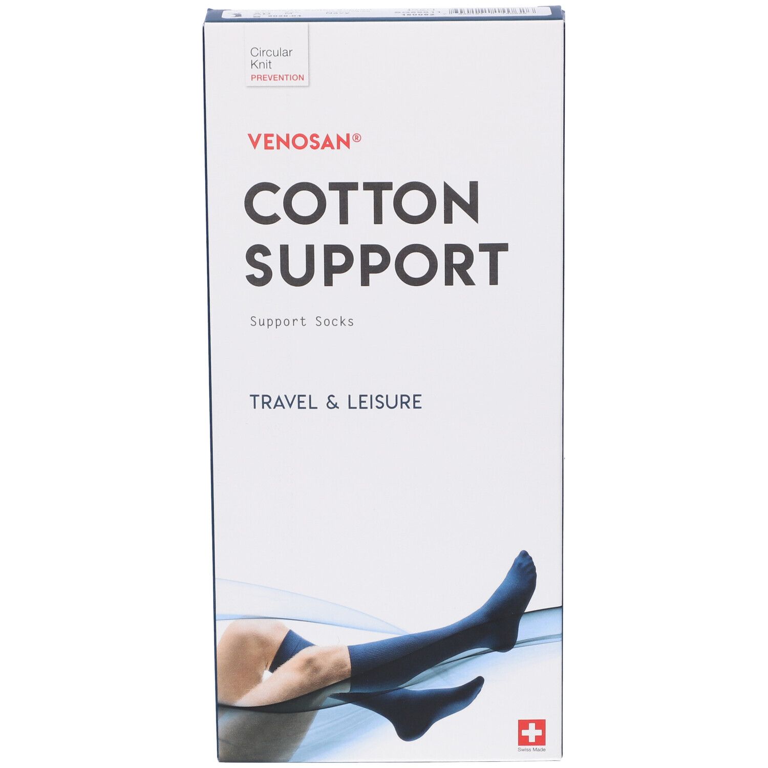Scatola Venosan Cotton Support. Calze di supporto blu, raffigurate su una persona. Croce svizzera.