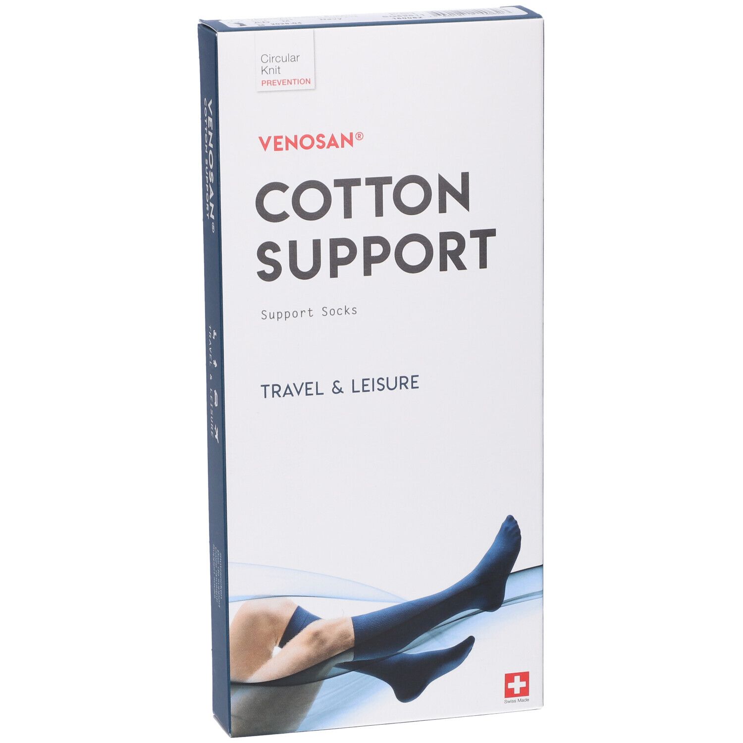 Scatola Venosan Cotton Support. Calze di supporto blu, raffigurate su una persona. Croce svizzera.