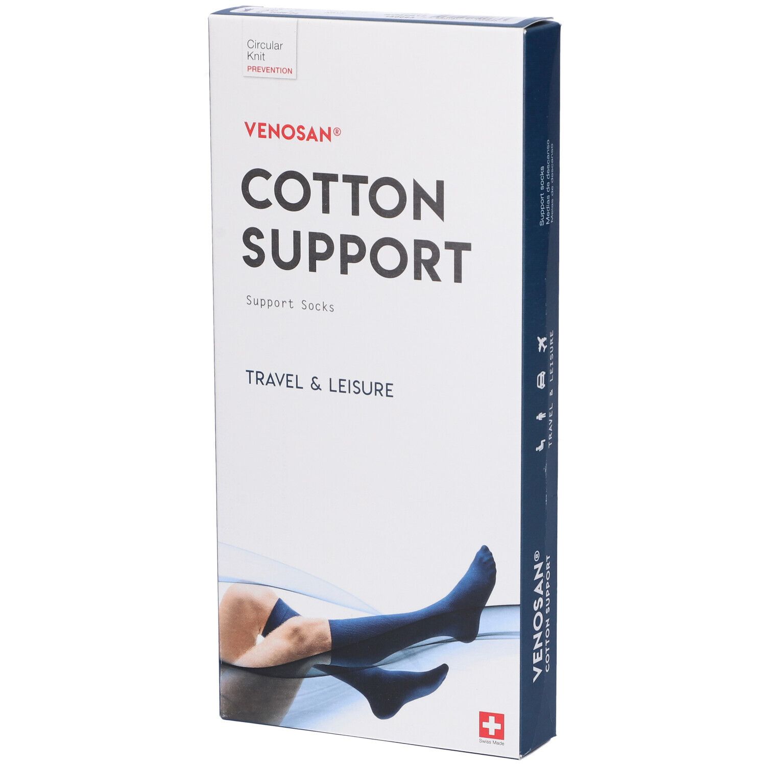 Scatola Venosan Cotton Support. Immagine di calze di supporto blu. Testo: Cotton Support, Travel & Leisure. Croce svizzera.
