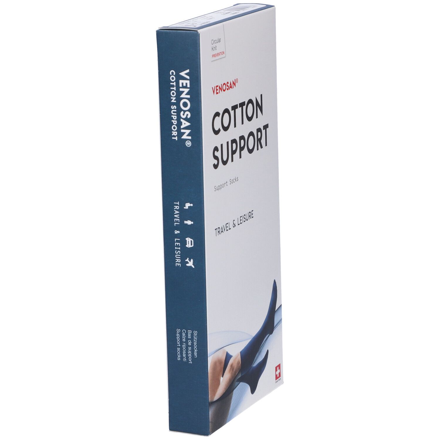 Scatola Venosan Cotton Support. Immagine di calze di supporto blu. Testo: Cotton Support, Travel & Leisure. Croce svizzera.