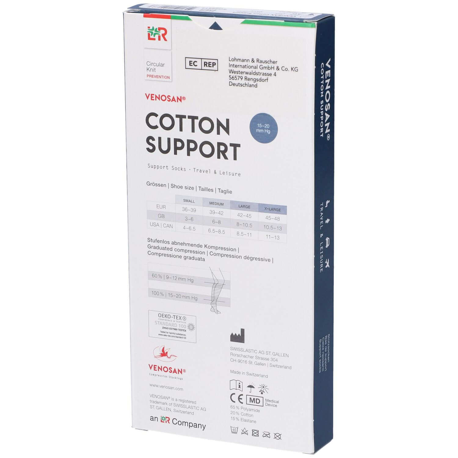 Scatola Venosan Cotton Support. Retro con informazioni sulle taglie e certificazioni. Testo: Cotton Support. Croce svizzera.
