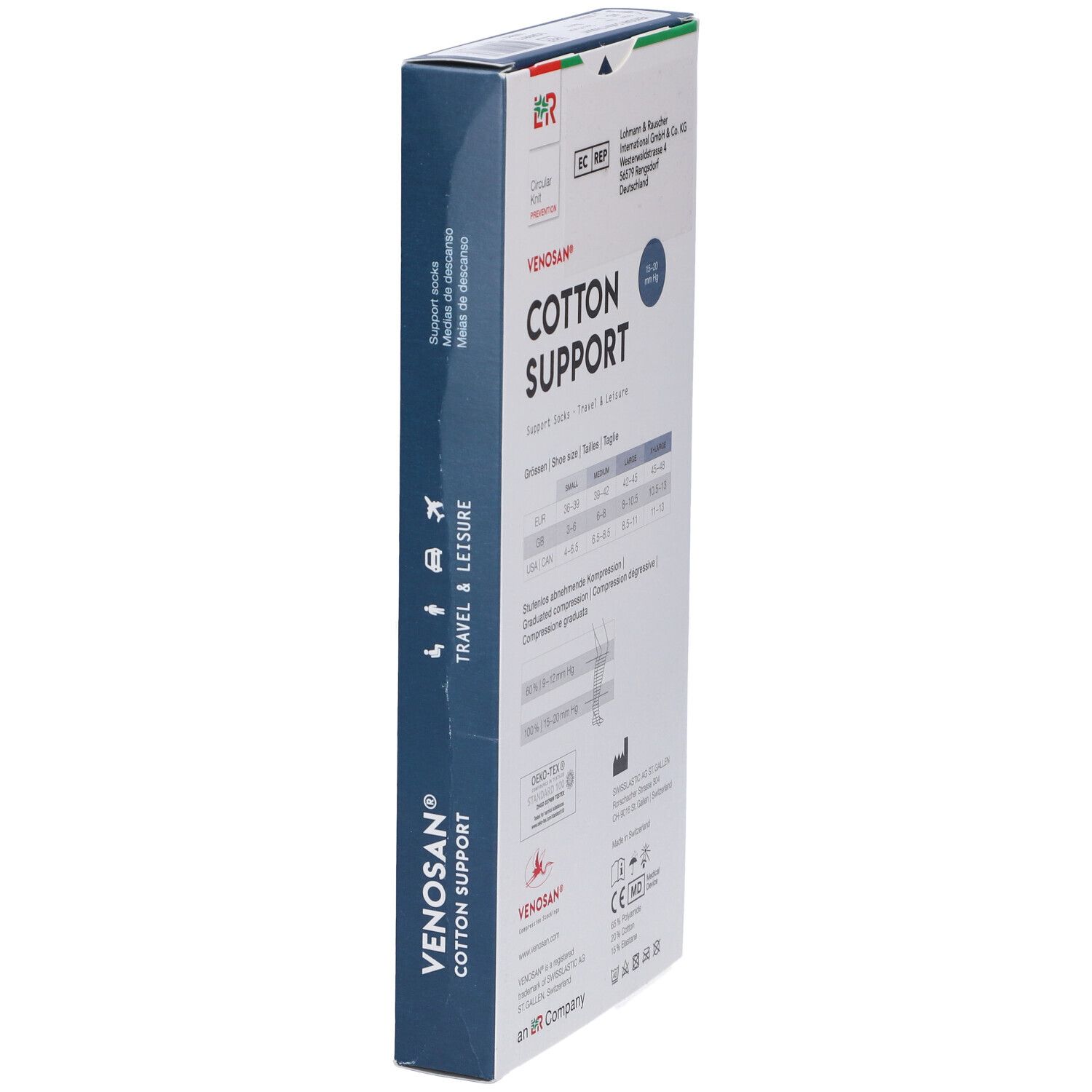 Scatola Venosan Cotton Support. Vista laterale con testo: Cotton Support, Travel & Leisure. Croce svizzera.