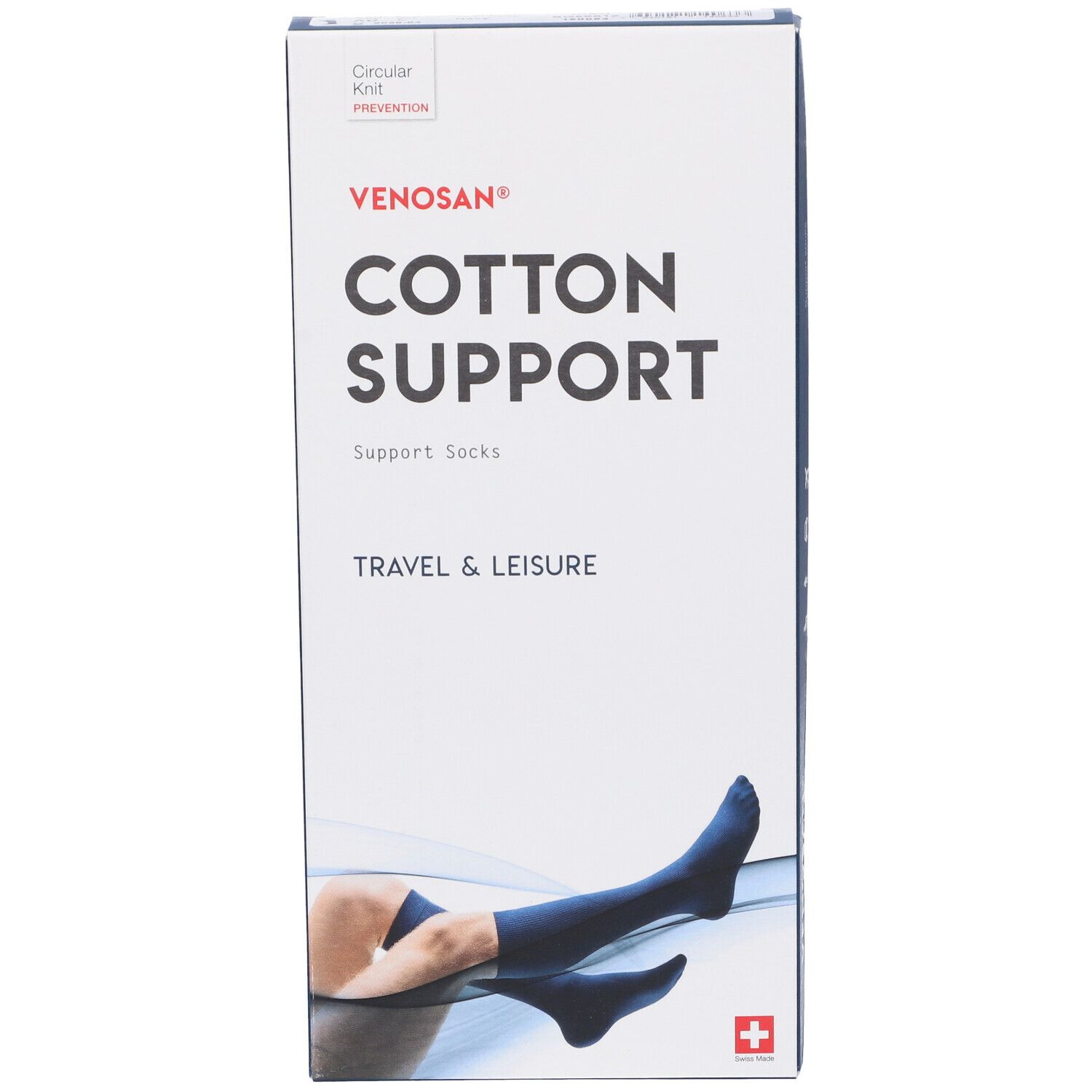 Scatola Venosan Cotton Support. Immagine di calze di supporto blu. Testo: Cotton Support, Travel & Leisure. Croce svizzera.