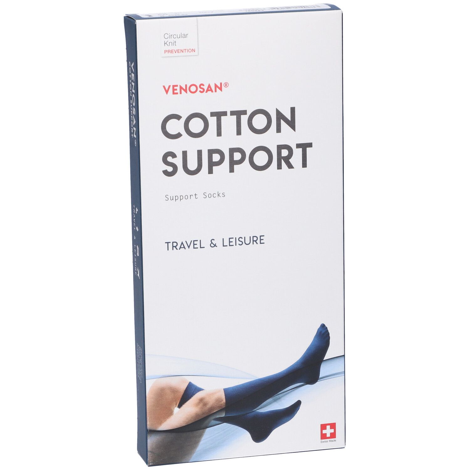 Scatola Venosan Cotton Support. Immagine di calze di supporto blu. Testo: Cotton Support, Travel & Leisure. Croce svizzera.