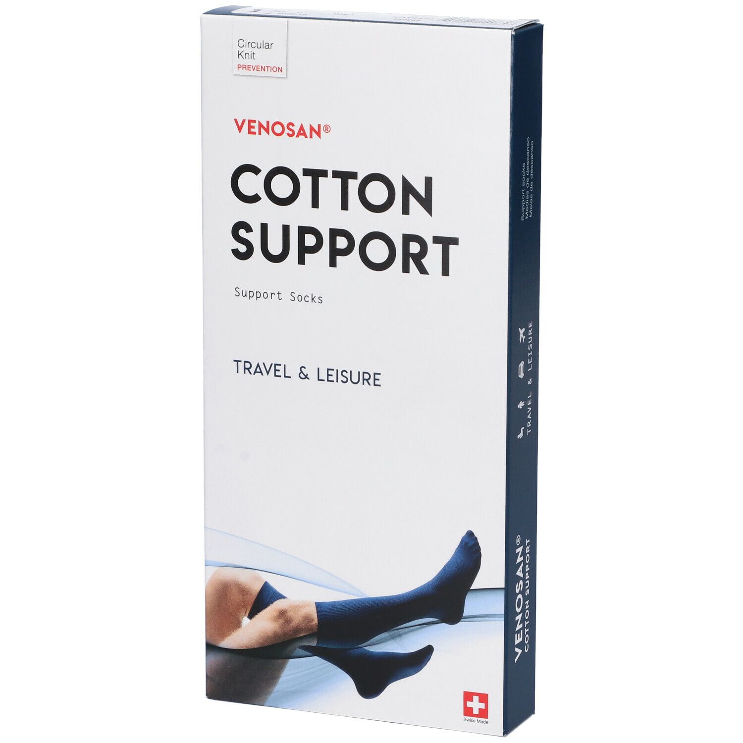 Confezione Venosan Cotton Support. Calze di supporto blu. Illustrazione di una persona con calza. Croce svizzera.
