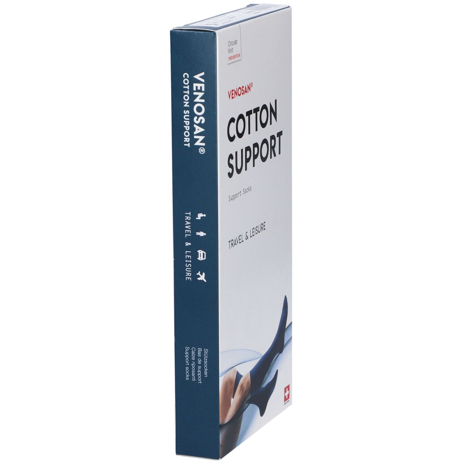 Confezione Venosan Cotton Support. Calze di supporto blu. Illustrazione di una persona con calza. Croce svizzera.
