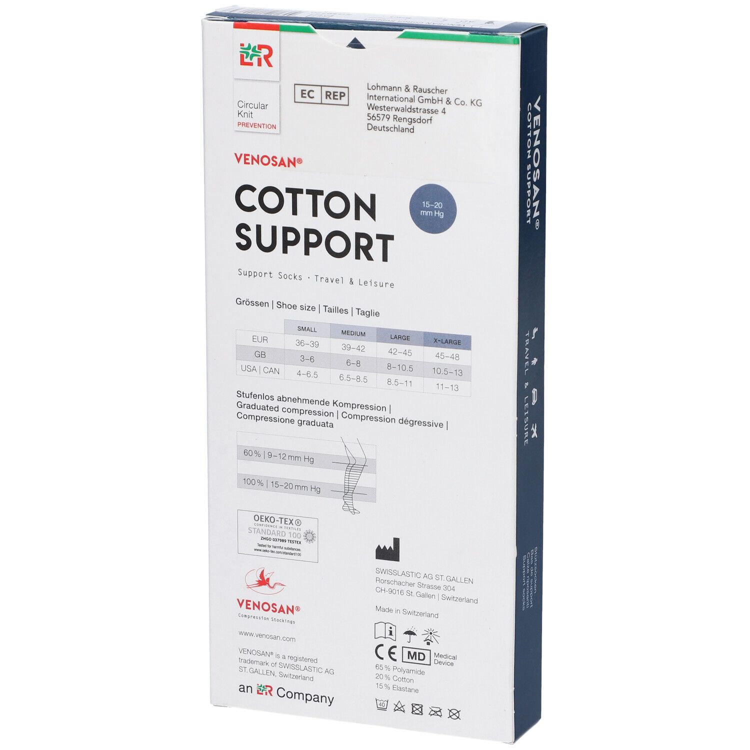 Confezione Venosan Cotton Support. Retro con informazioni sulle taglie, certificazioni e informazioni sul produttore.