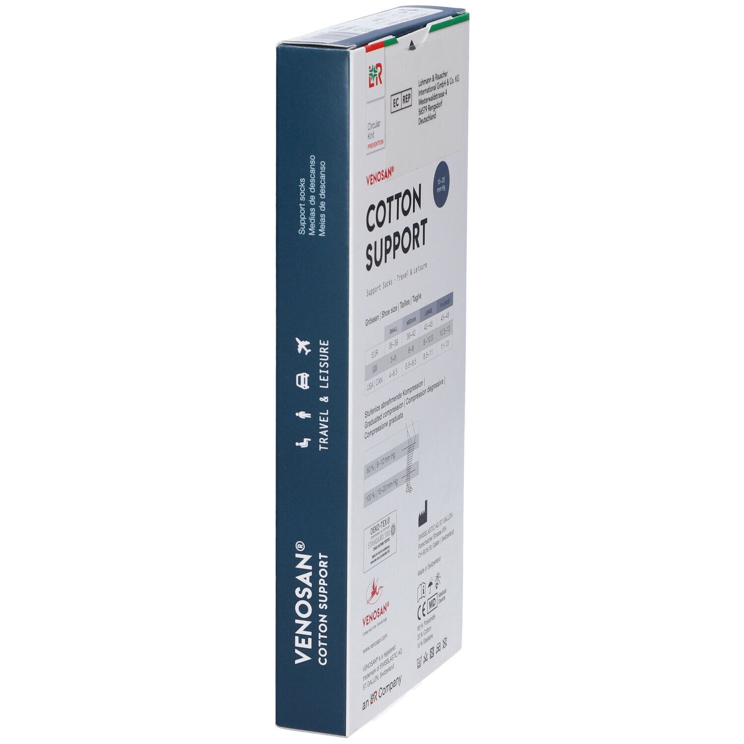 Confezione Venosan Cotton Support. Vista laterale con nome del prodotto, logo e informazioni. Croce svizzera.