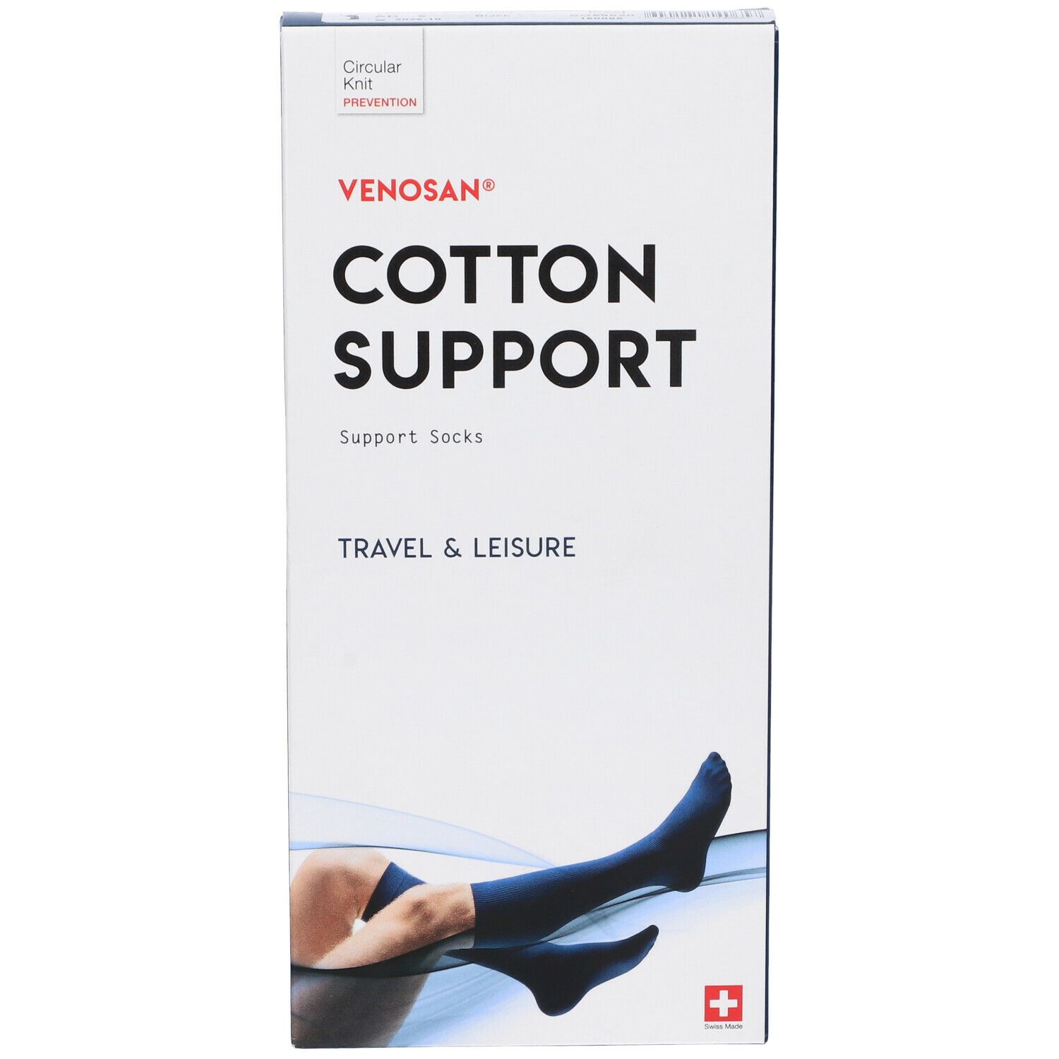 Confezione Venosan Cotton Support. Calze di supporto blu. Illustrazione di una persona con calza. Croce svizzera.