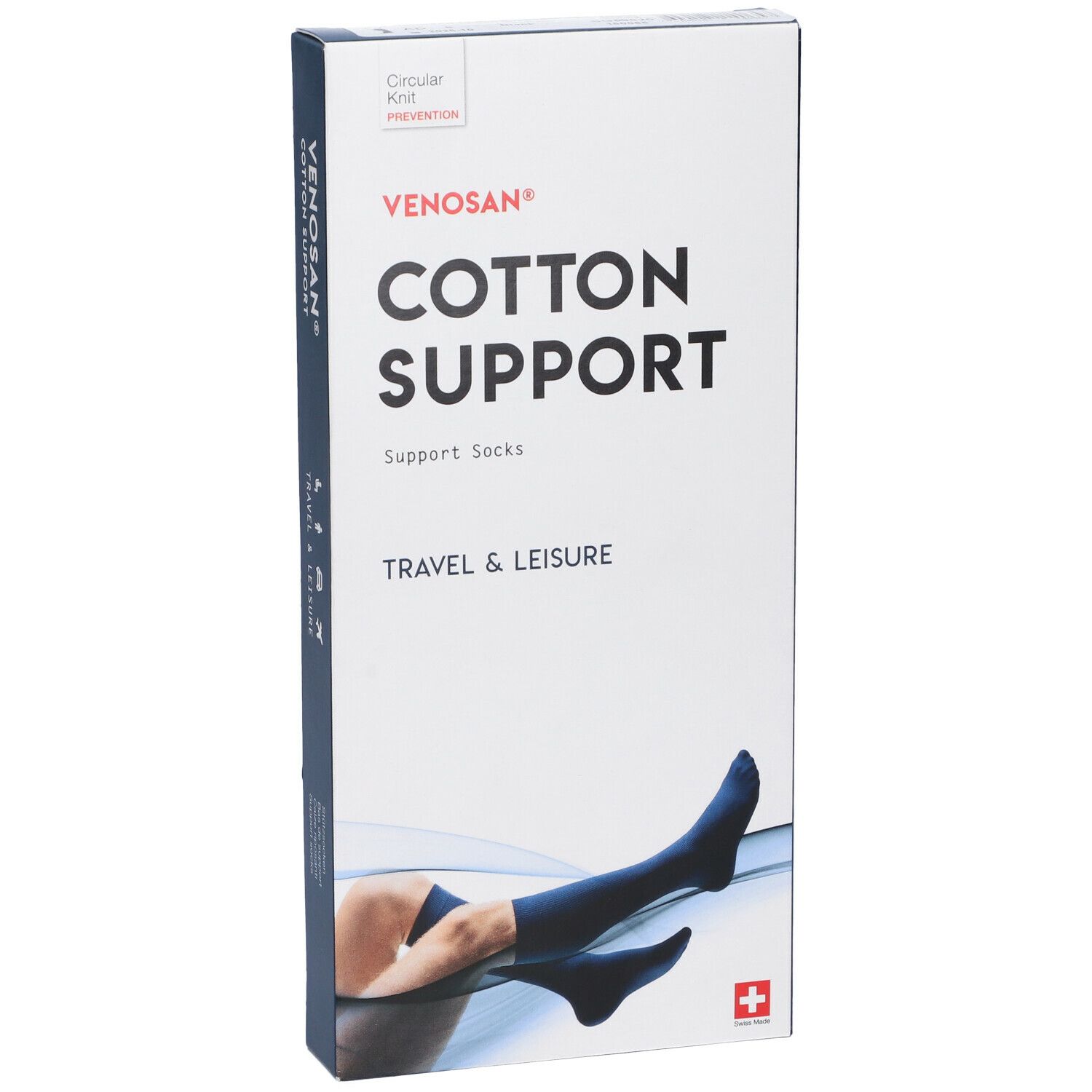 Confezione Venosan Cotton Support. Calze di supporto blu. Illustrazione di una persona con calza. Croce svizzera.