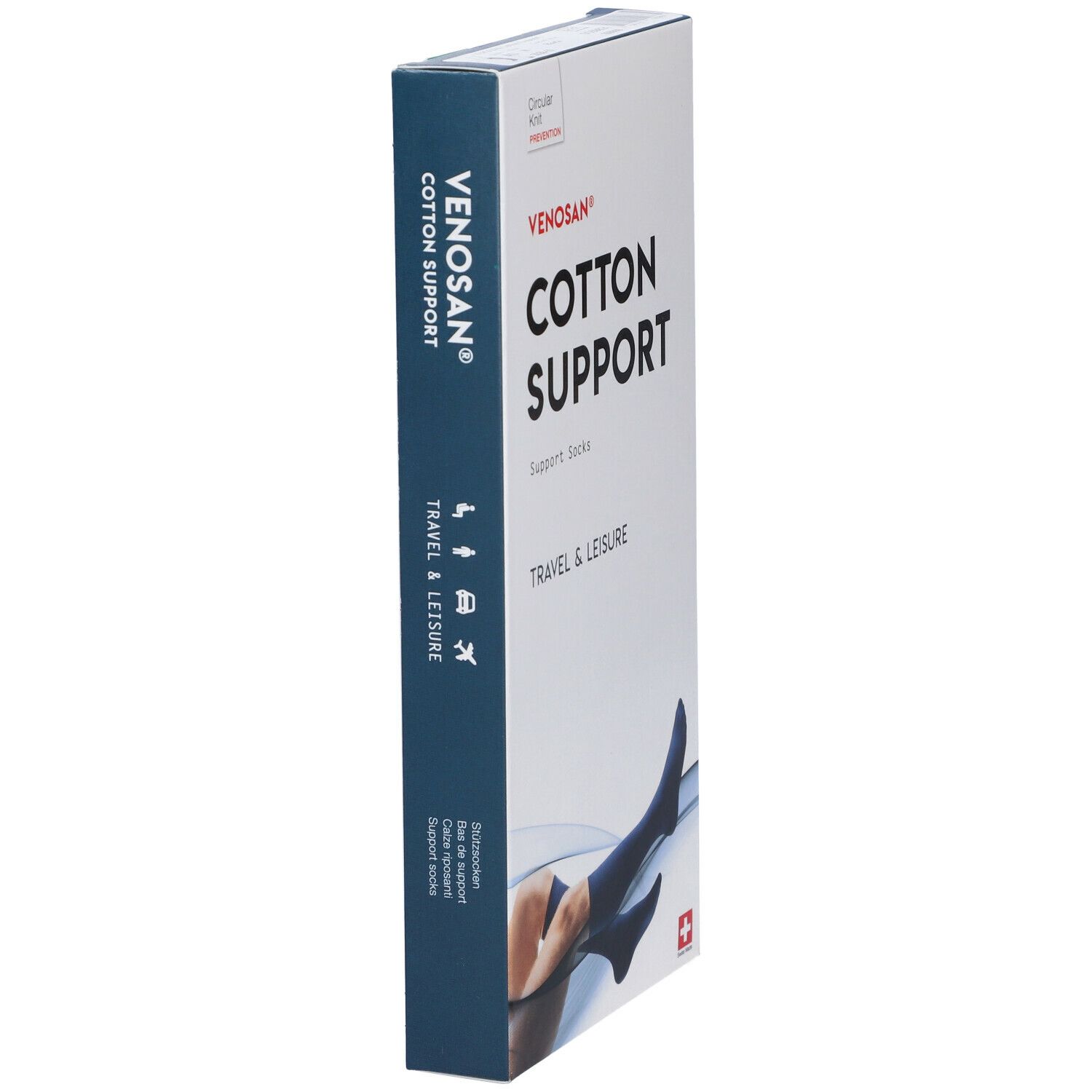 Scatola Venosan Cotton Support. Calze di supporto blu mostrate sulla confezione. Croce svizzera.