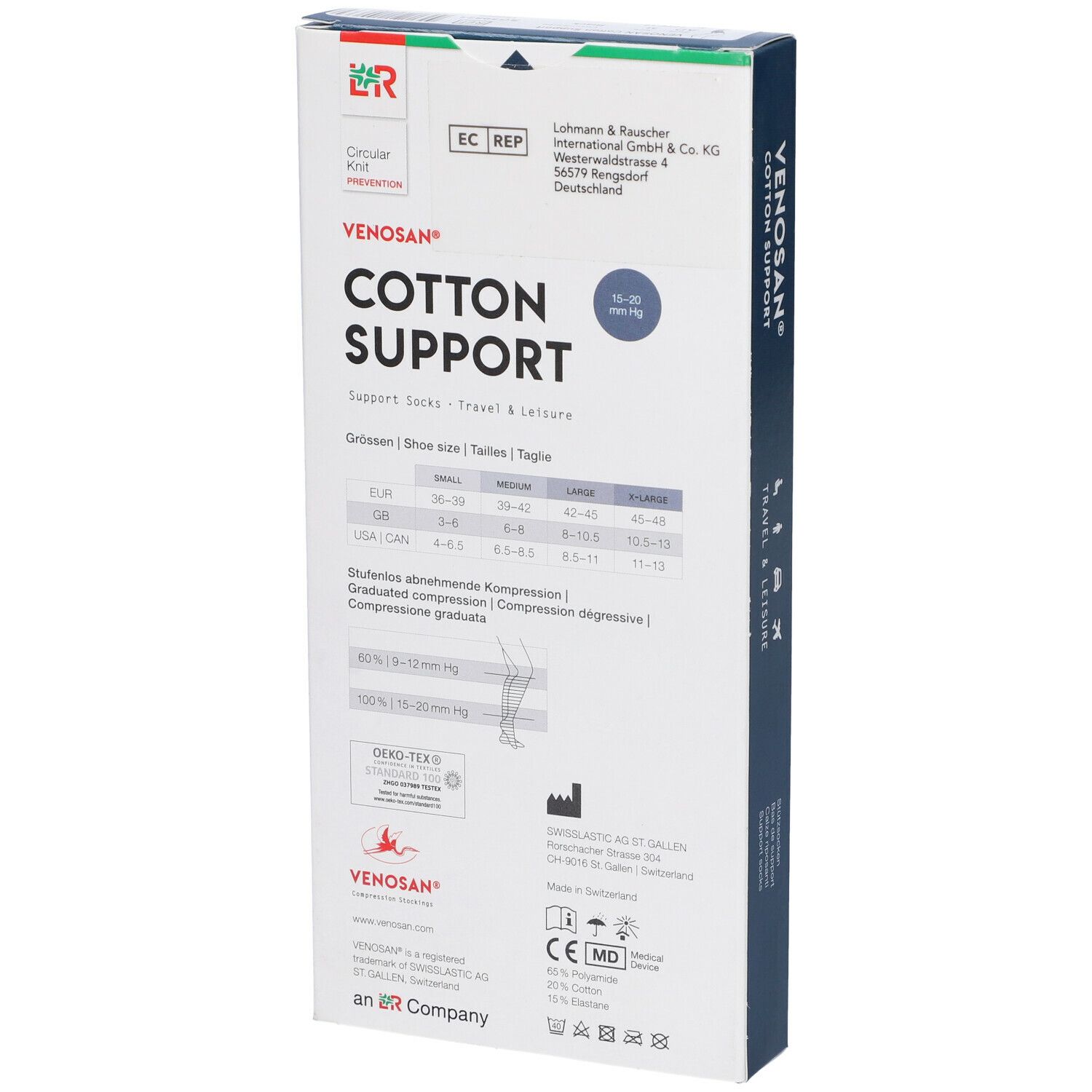 Scatola Venosan Cotton Support. Retro con informazioni sulle taglie, produttore e certificazioni.