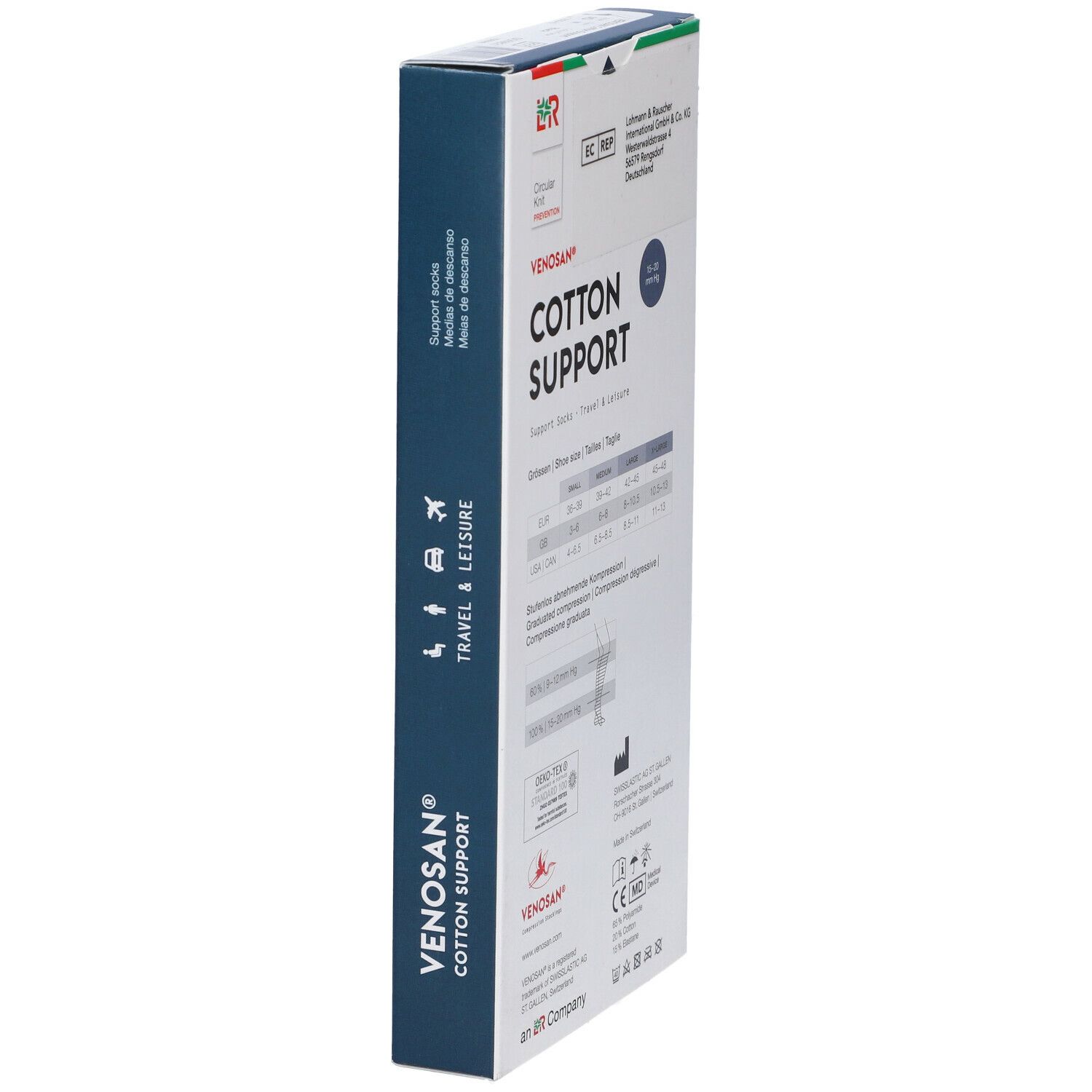 Scatola Venosan Cotton Support. Lato con informazioni sul prodotto, indirizzo del produttore e certificazioni.
