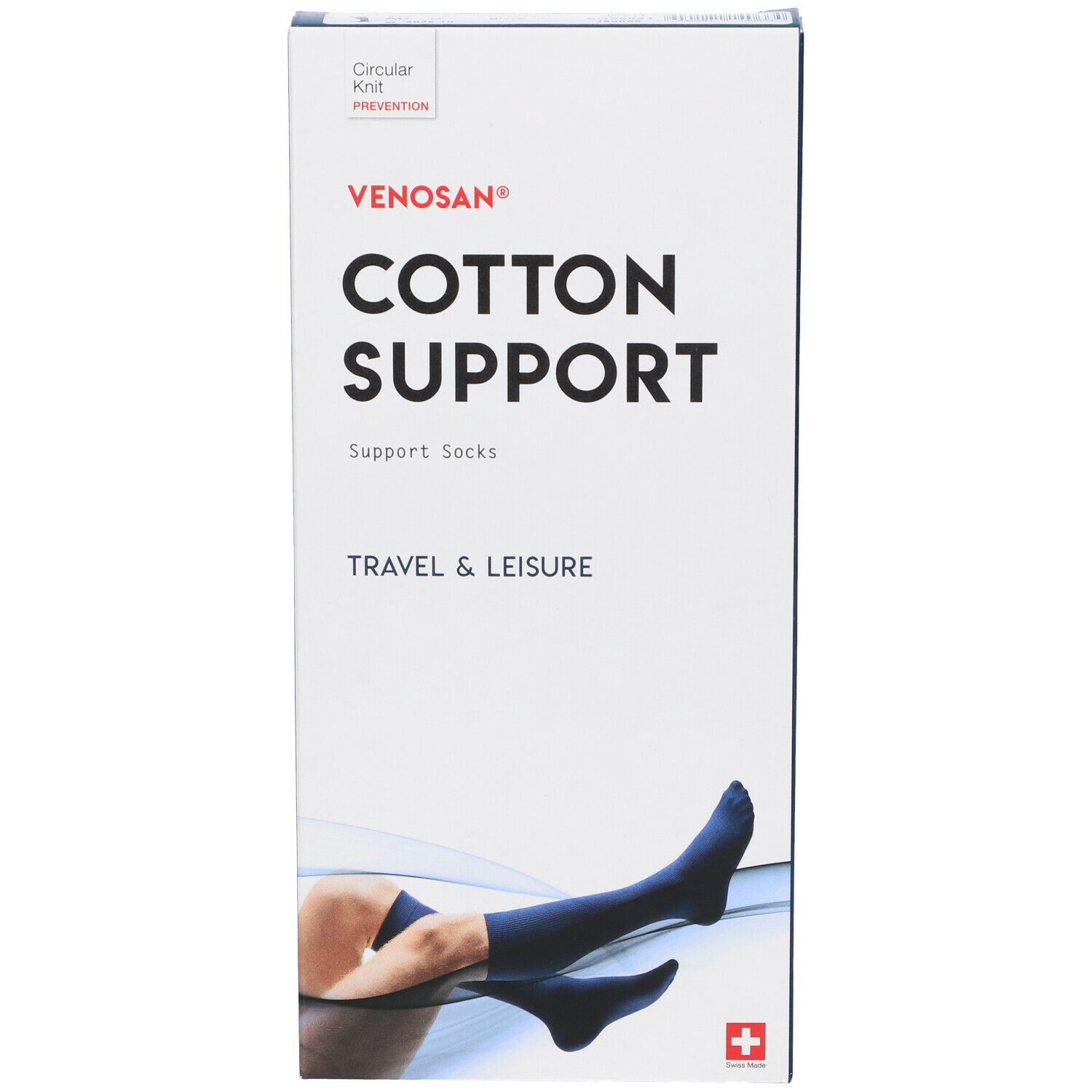 Scatola Venosan Cotton Support. Calze di supporto blu mostrate sulla confezione. Croce svizzera.