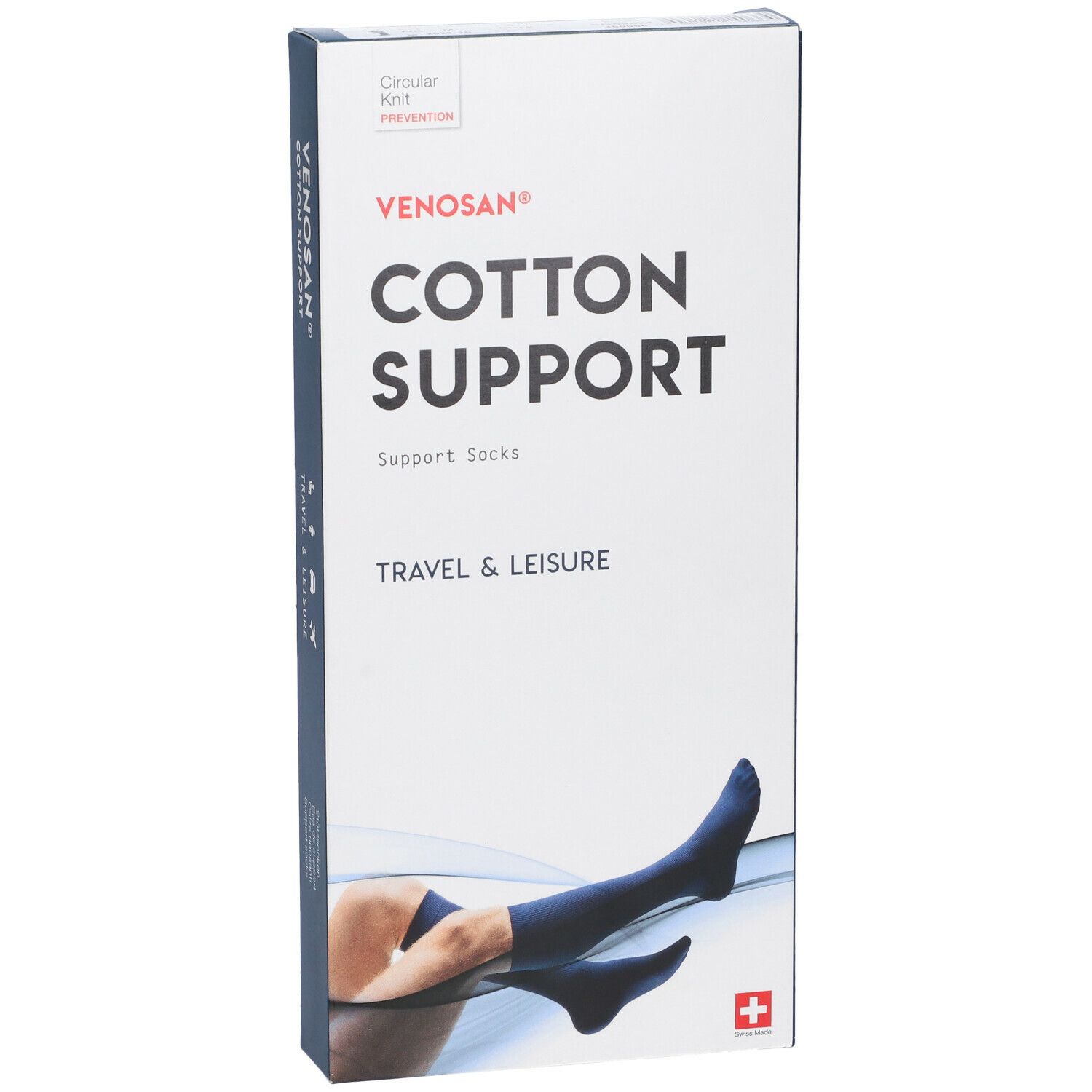 Scatola Venosan Cotton Support. Calze di supporto blu mostrate sulla confezione. Croce svizzera.