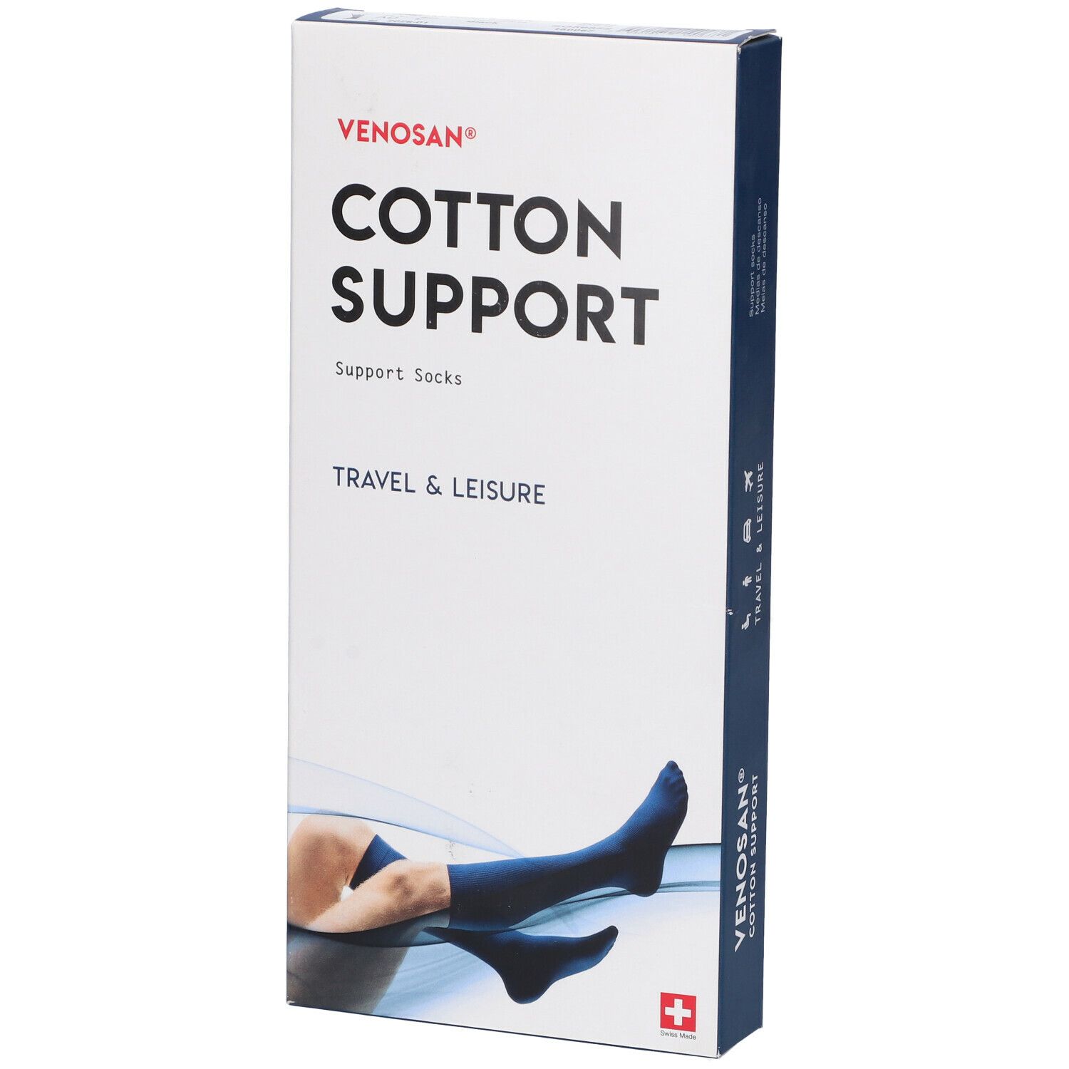 Confezione Venosan Cotton Support. Calze di supporto blu, illustrazione di una persona con calze. Croce svizzera.
