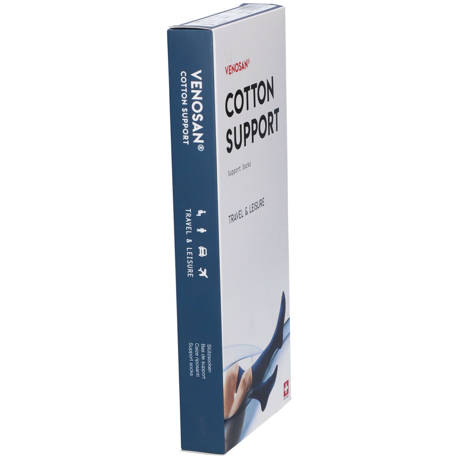 Confezione Venosan Cotton Support. Calze di supporto blu, illustrazione di una persona con calze. Croce svizzera.