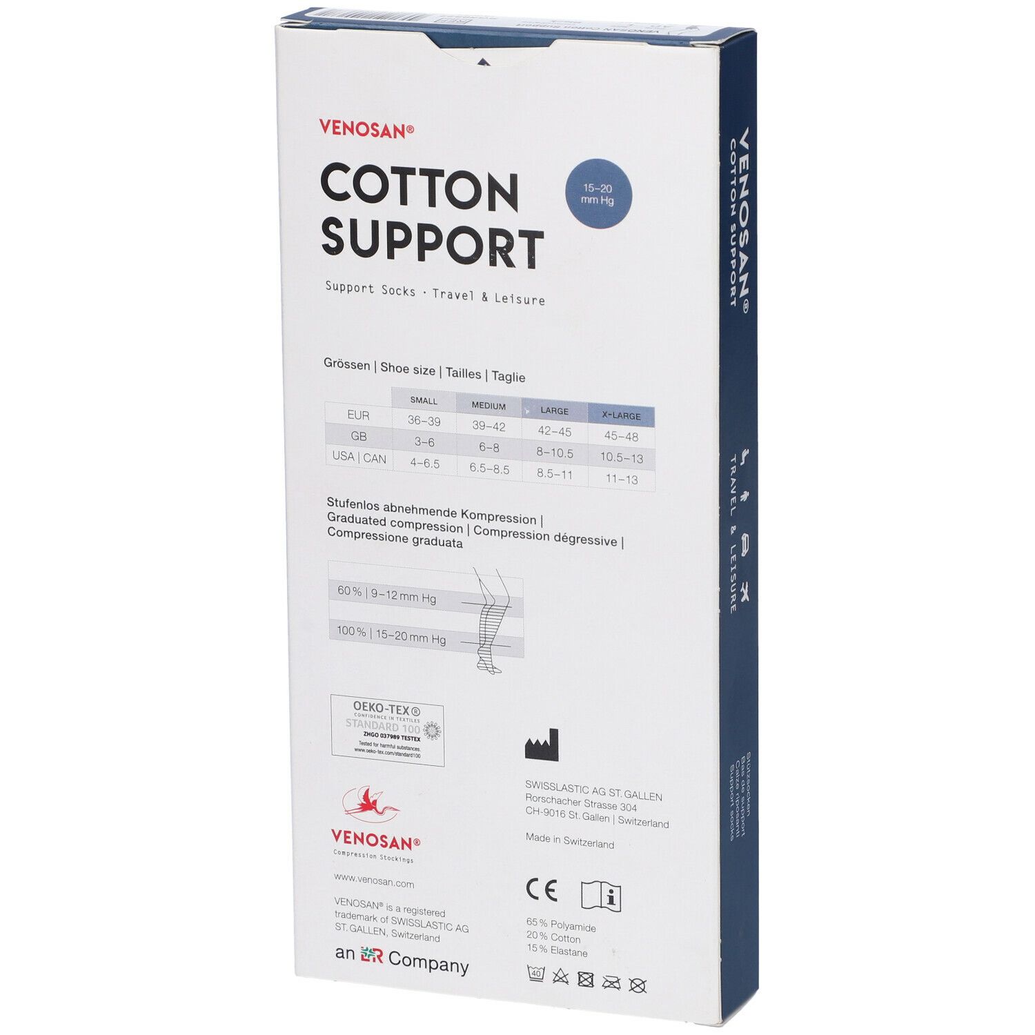 Confezione Venosan Cotton Support. Retro con tabella taglie, indicazione compressione, certificazioni.