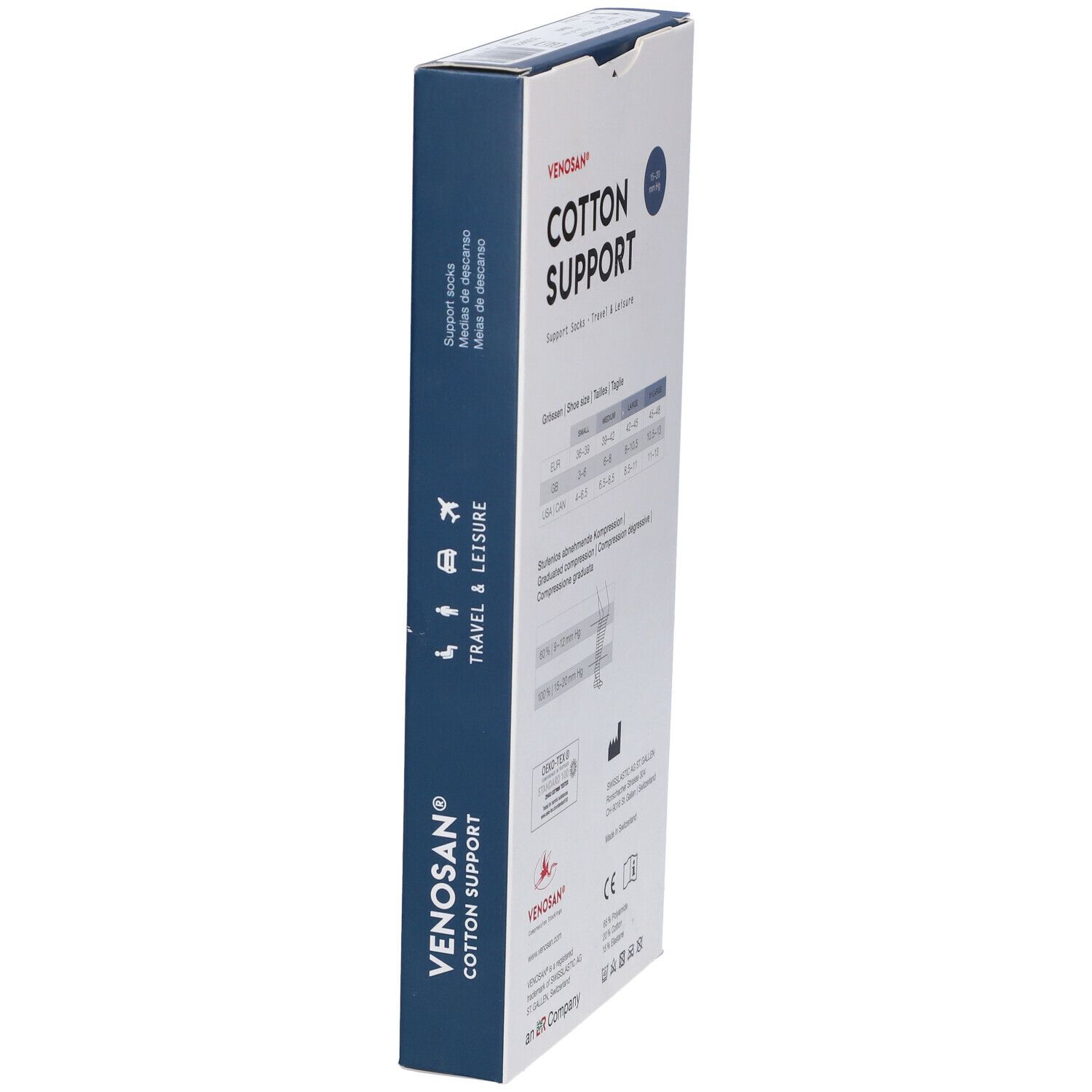 Confezione Venosan Cotton Support. Calze di supporto blu, illustrazione di una persona con calze. Croce svizzera.