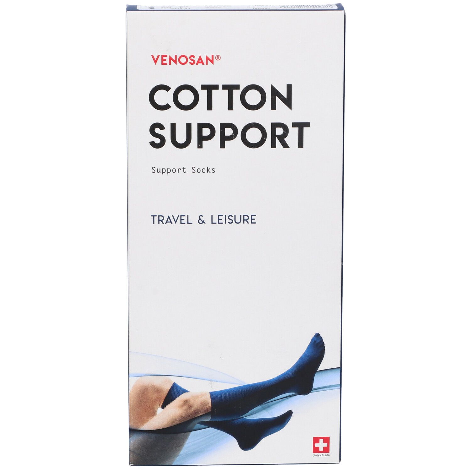 Confezione Venosan Cotton Support. Calze di supporto blu, illustrazione di una persona con calze. Croce svizzera.