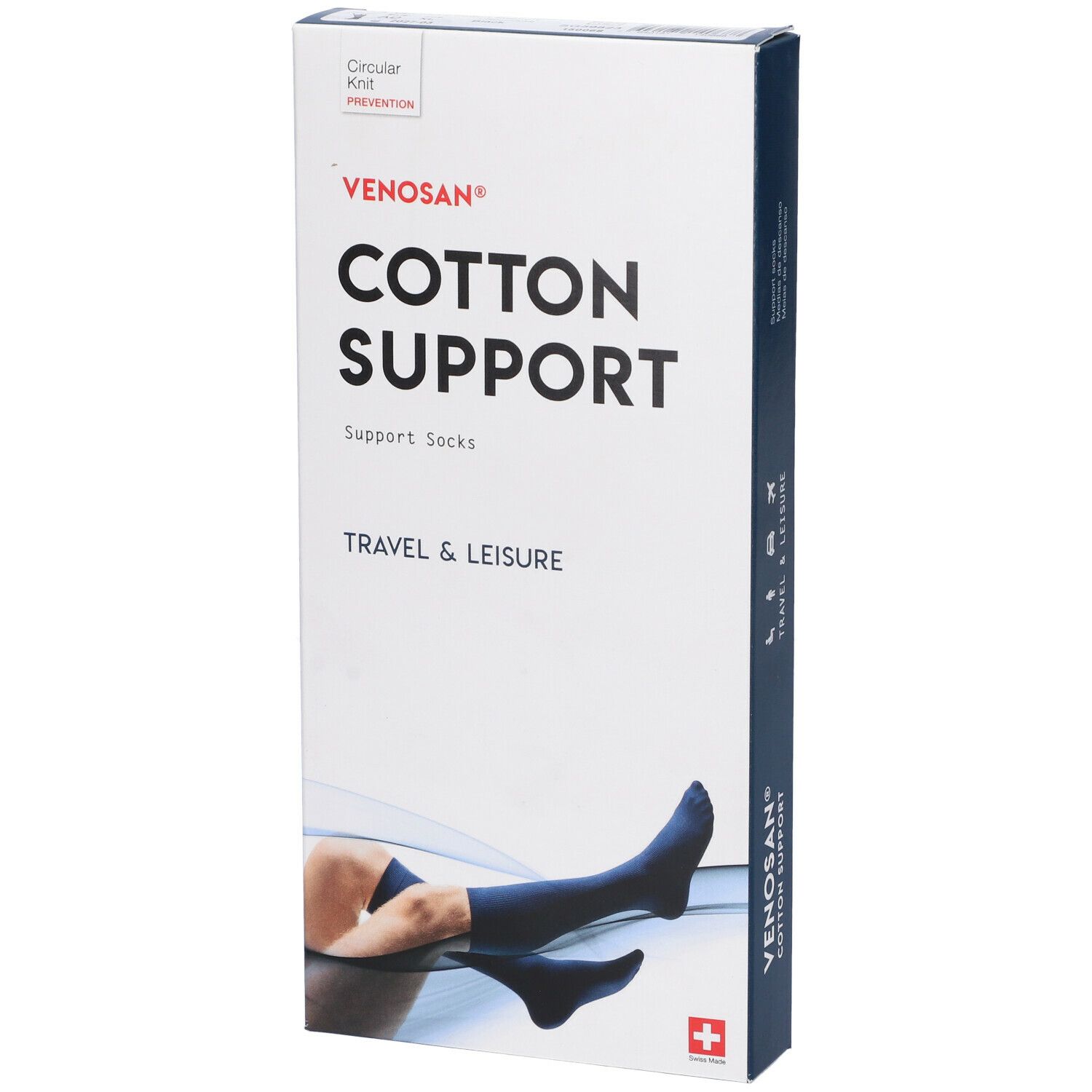 Scatola Venosan Cotton Support. Calze di supporto nere, illustrazione di una persona con calze. Croce svizzera.