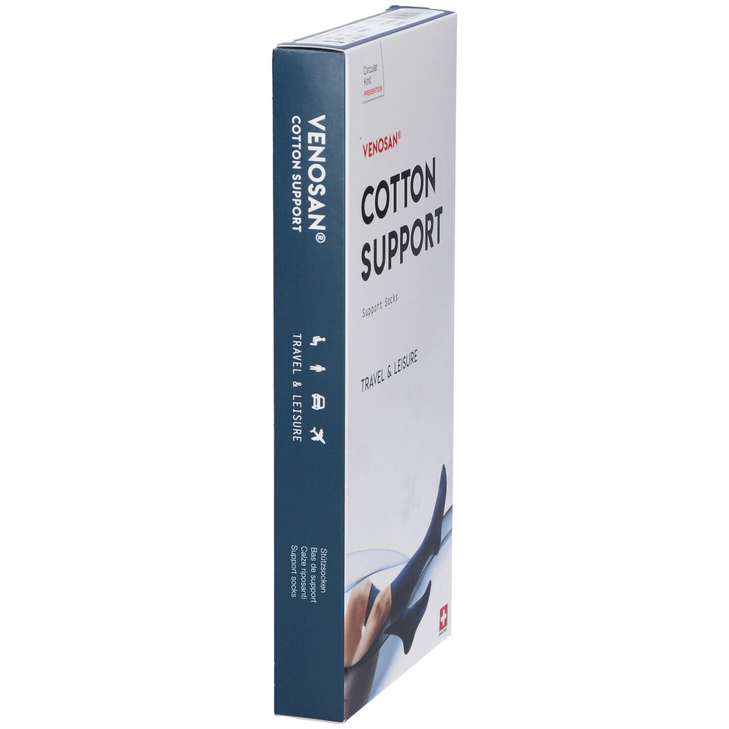 Scatola Venosan Cotton Support. Calze di supporto nere, illustrazione di una persona con calze. Croce svizzera.
