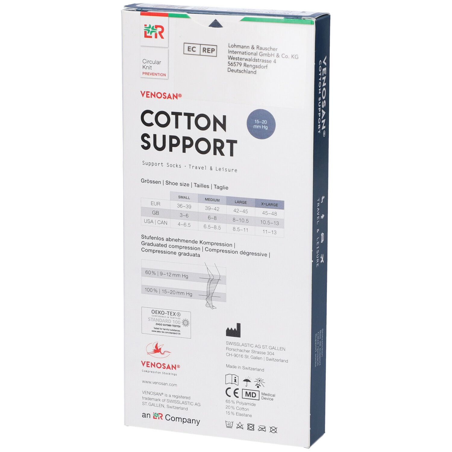 Scatola Venosan Cotton Support. Retro con informazioni sulle taglie, certificazioni e informazioni sul produttore.