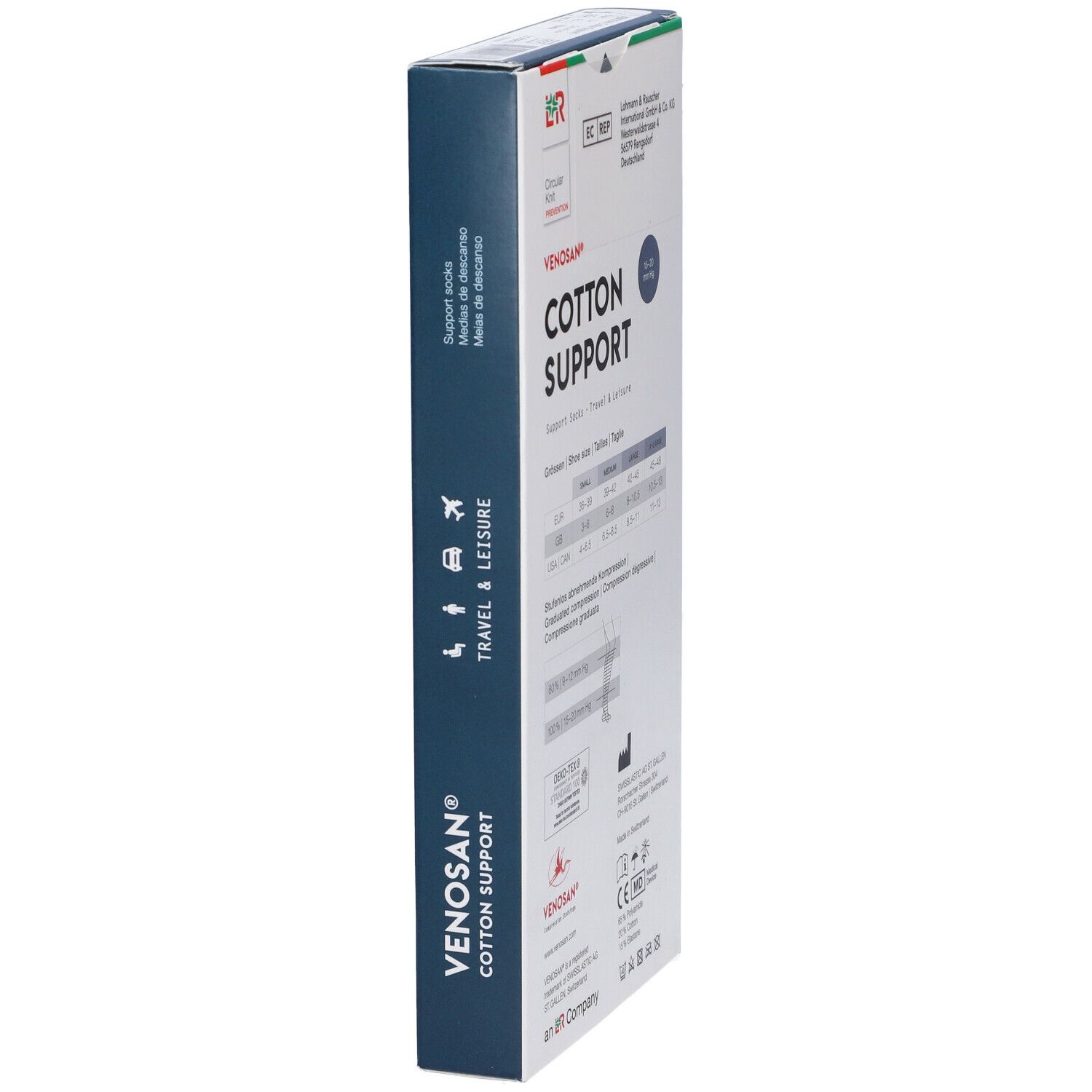 Scatola Venosan Cotton Support. Vista laterale con nome del prodotto, logo e informazioni sul produttore.