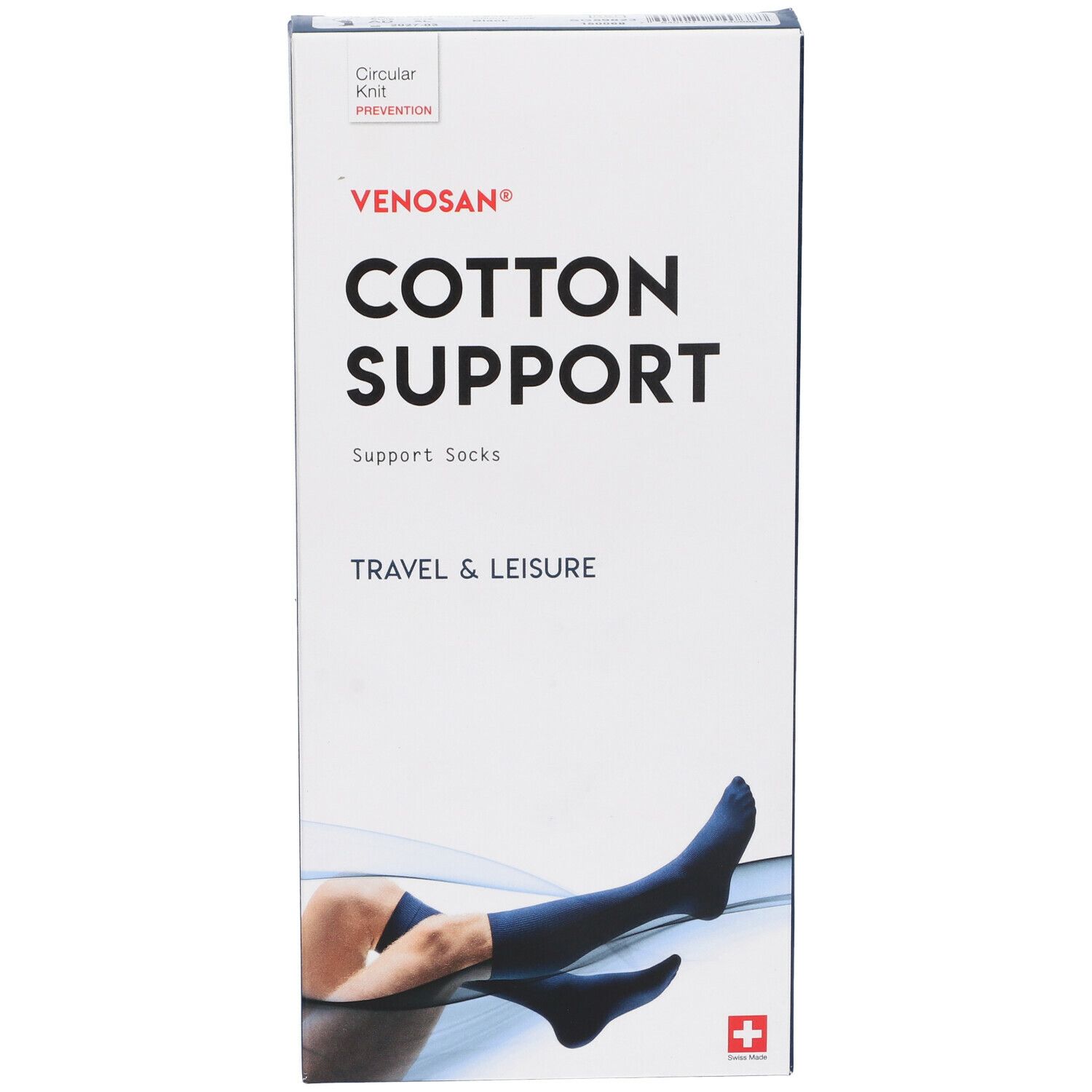 Scatola Venosan Cotton Support. Calze di supporto nere, illustrazione di una persona con calze. Croce svizzera.