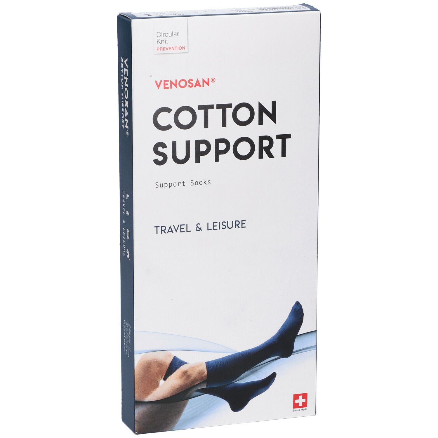 Scatola Venosan Cotton Support. Calze di supporto nere, illustrazione di una persona con calze. Croce svizzera.