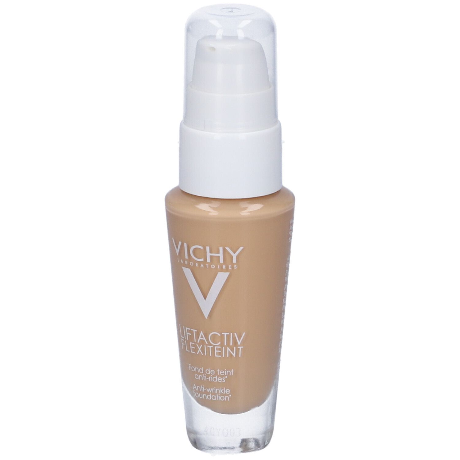 Flacone di fondotinta beige con erogatore bianco. Scritte: Vichy, Liftactiv Flexiteint, Anti-rughe.