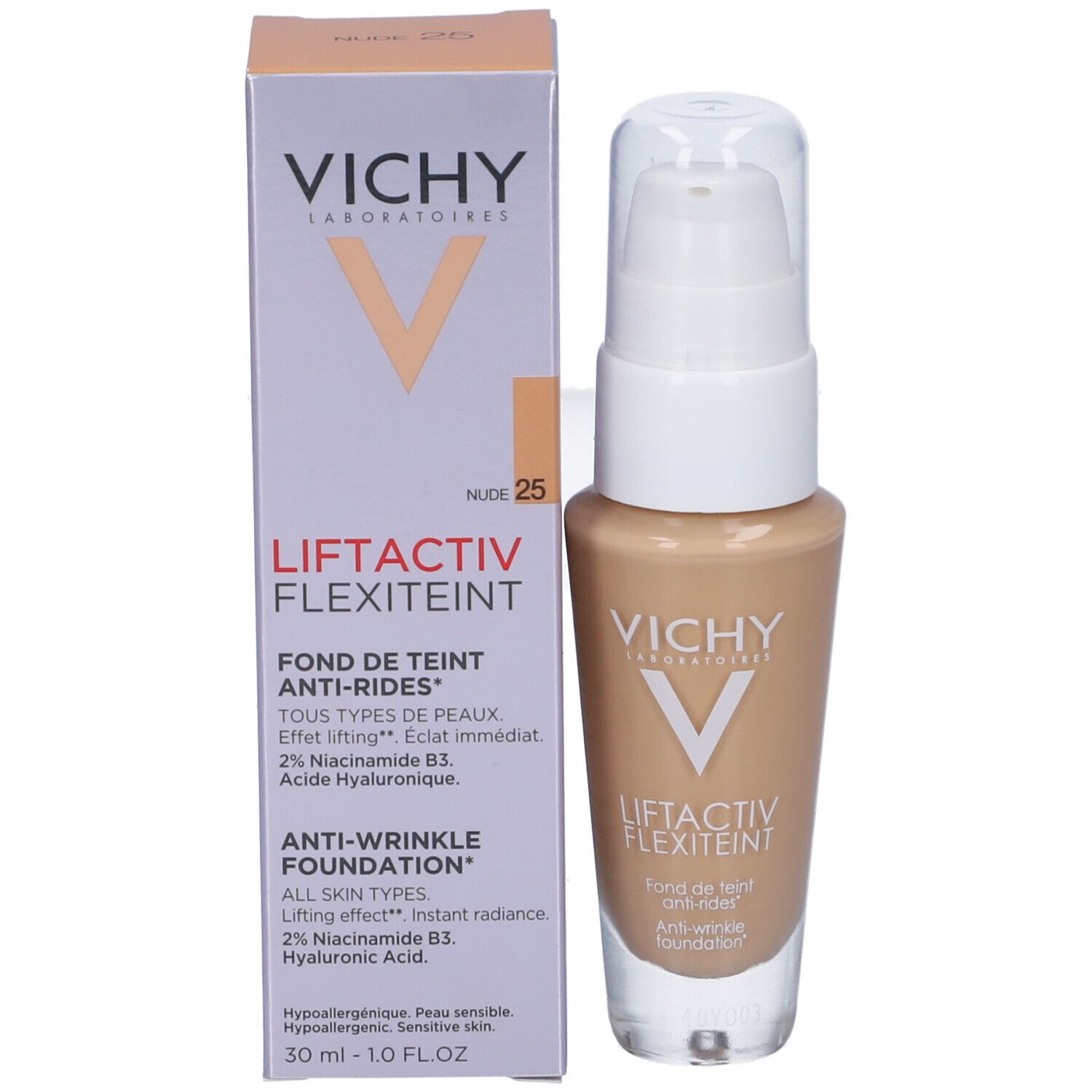 Flacone e confezione fondotinta. Scritte: Vichy, Liftactiv Flexiteint, Nude 25, Anti-rughe.