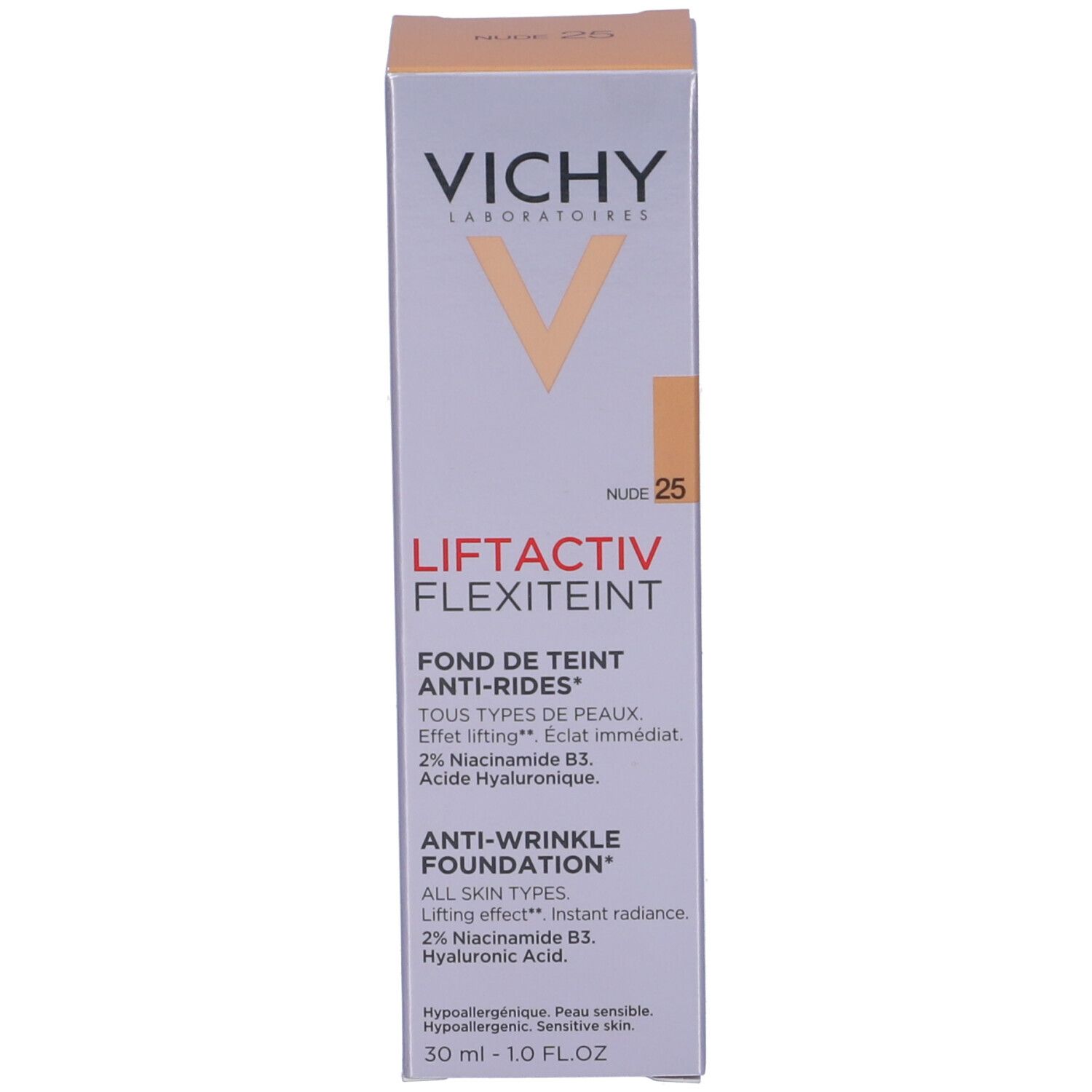 Confezione fondotinta. Scritte: Vichy, Liftactiv Flexiteint, Nude 25, Anti-rughe, 30 ml.