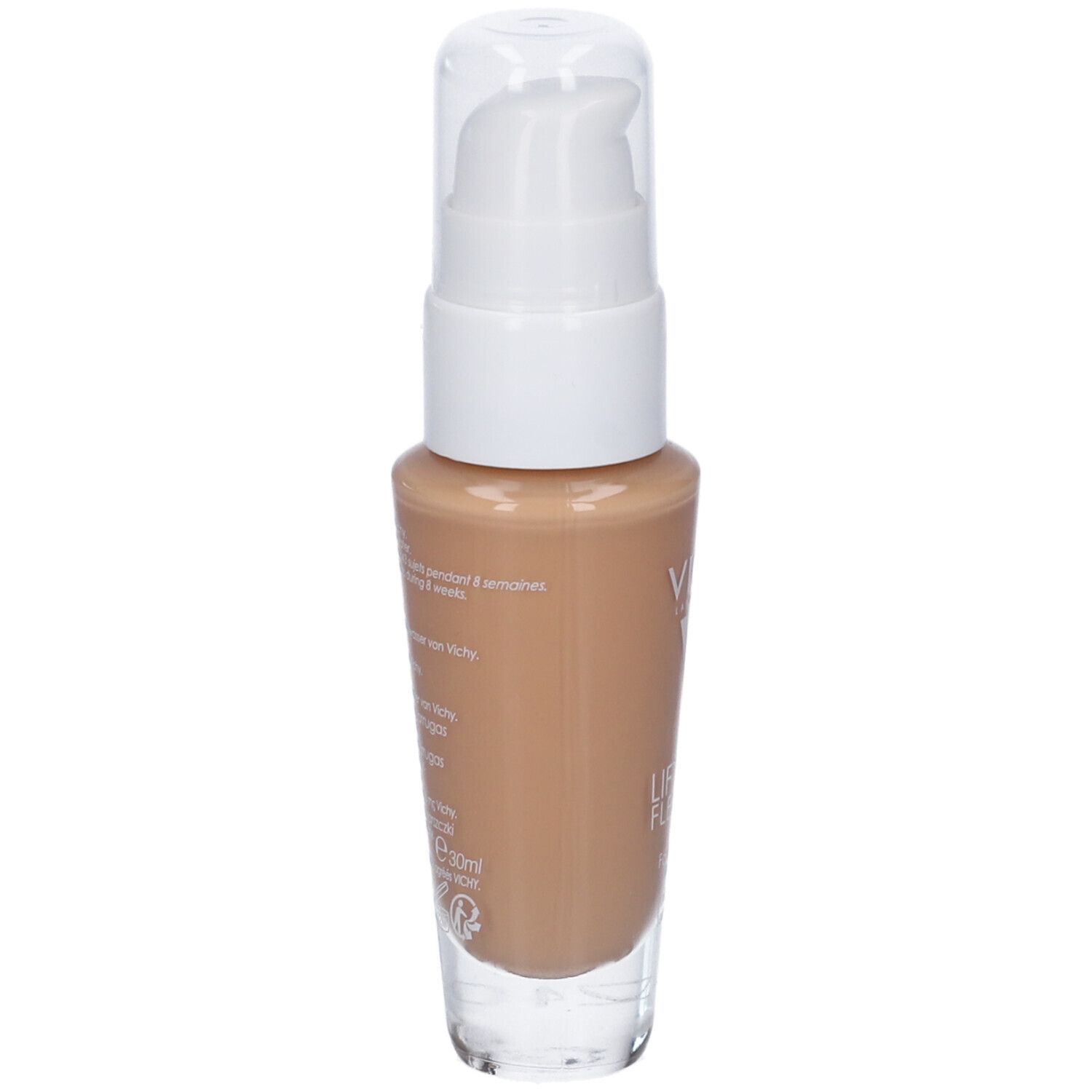 Vichy LIFTACTIV Flexilift Teint. Flasche mit Pumpspender. Farbton Gold. Rückseite mit Produktinformationen. Weißer Deckel und Pumpe.