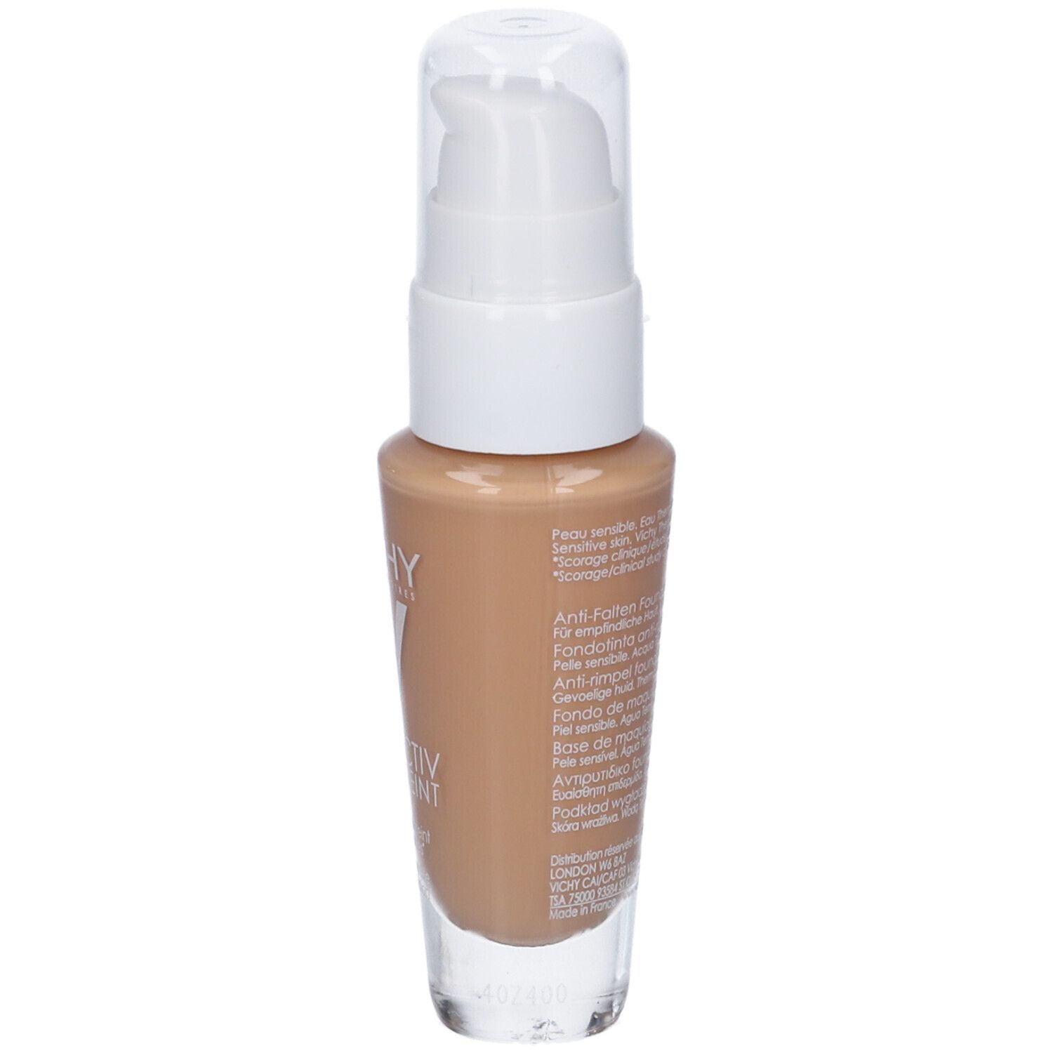 Vichy LIFTACTIV Flexilift Teint. Flasche mit Pumpspender. Farbton Gold. Rückseite mit Produktinformationen. Weißer Deckel und Pumpe.