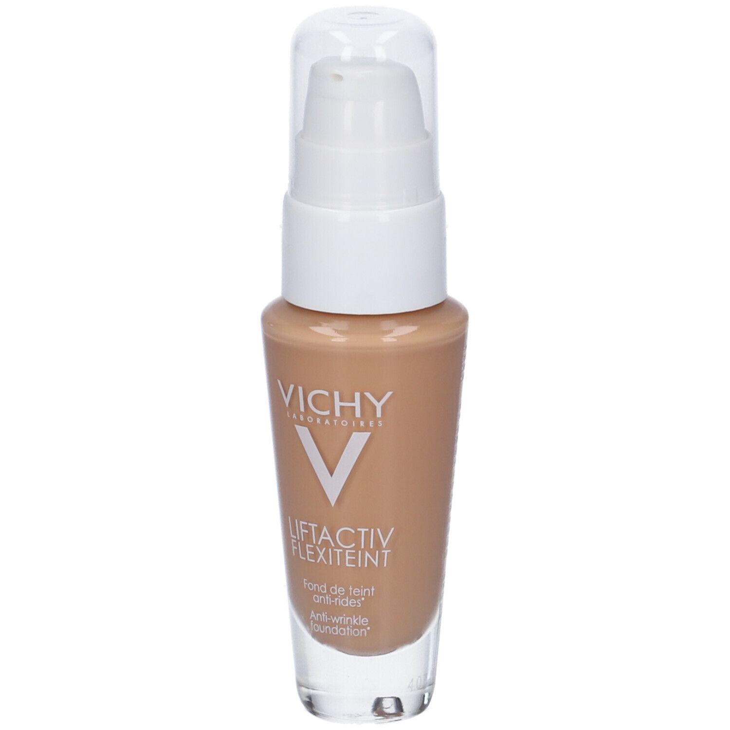 Vichy LIFTACTIV Flexilift Teint. Flasche mit Pumpspender. Farbton Gold. Weißer Deckel und Pumpe. Transparentes Glas.