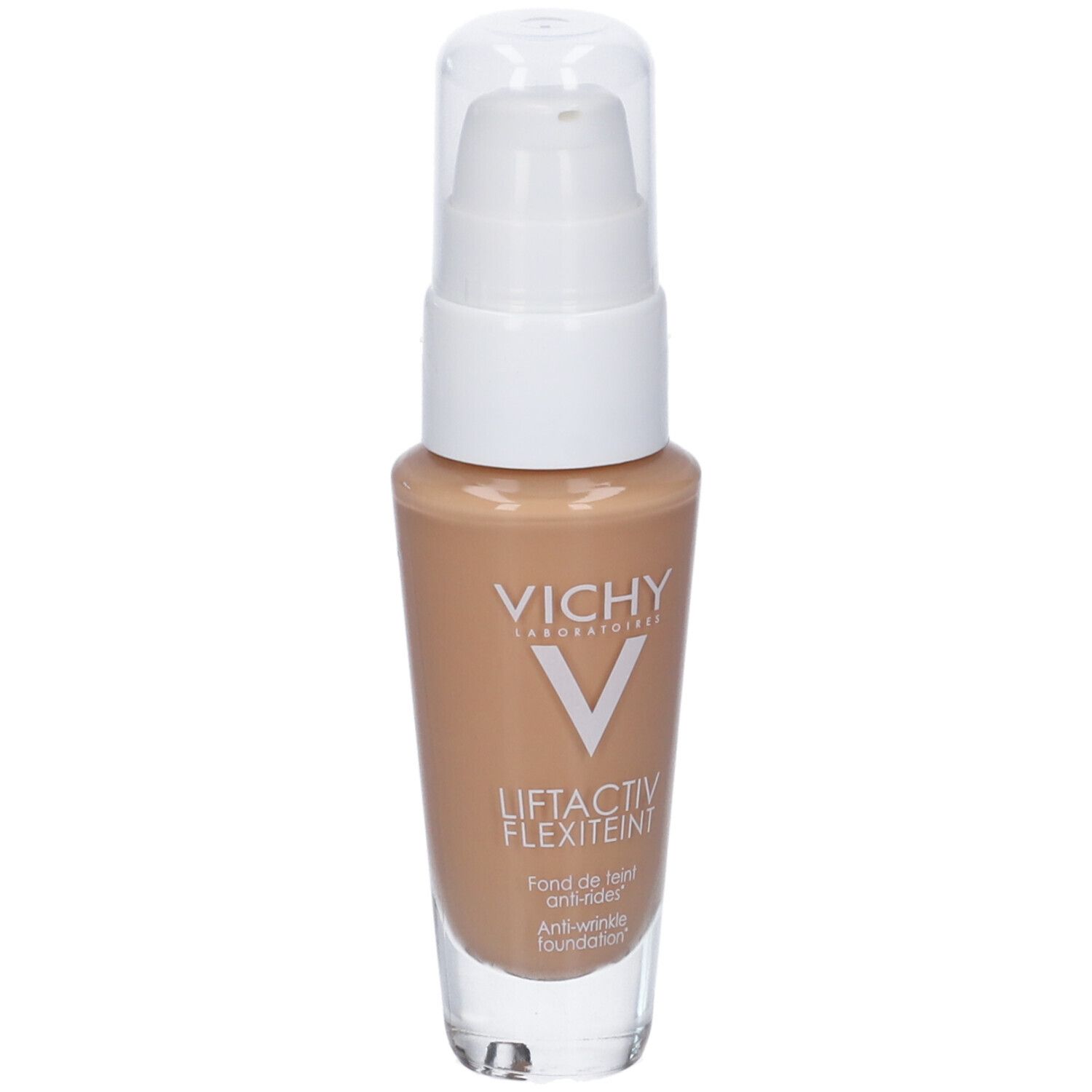 Vichy LIFTACTIV Flexilift Teint. Flasche mit Pumpspender. Farbton Gold. Weißer Deckel und Pumpe. Transparentes Glas.