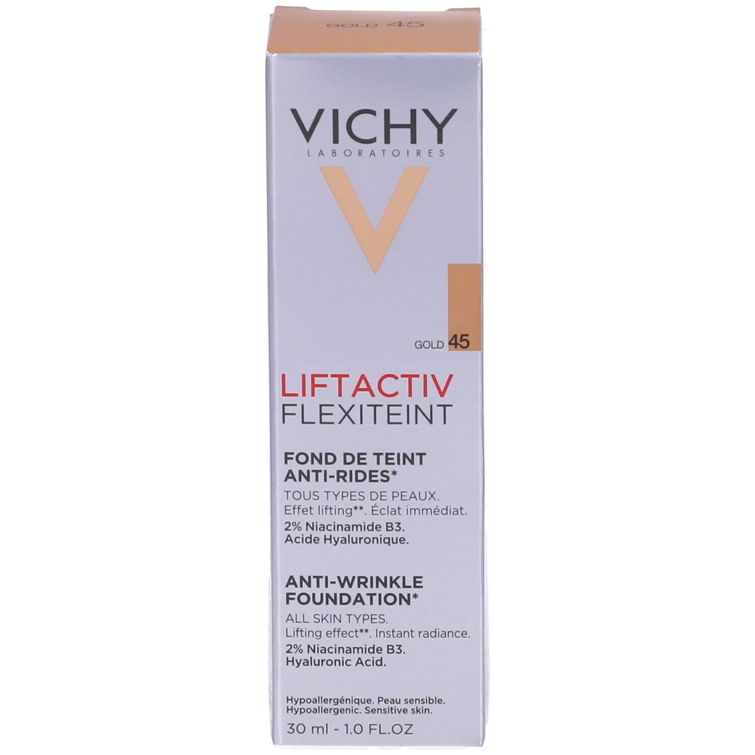 Vichy LIFTACTIV Flexilift Teint. Kartonverpackung. Farbton Gold 45. Produktname und Logo. Inhaltsstoffe und Volumen.