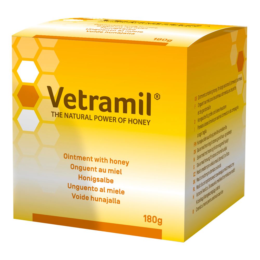 Confezione gialla con logo "Vetramil" e testi multilingue. 180g.