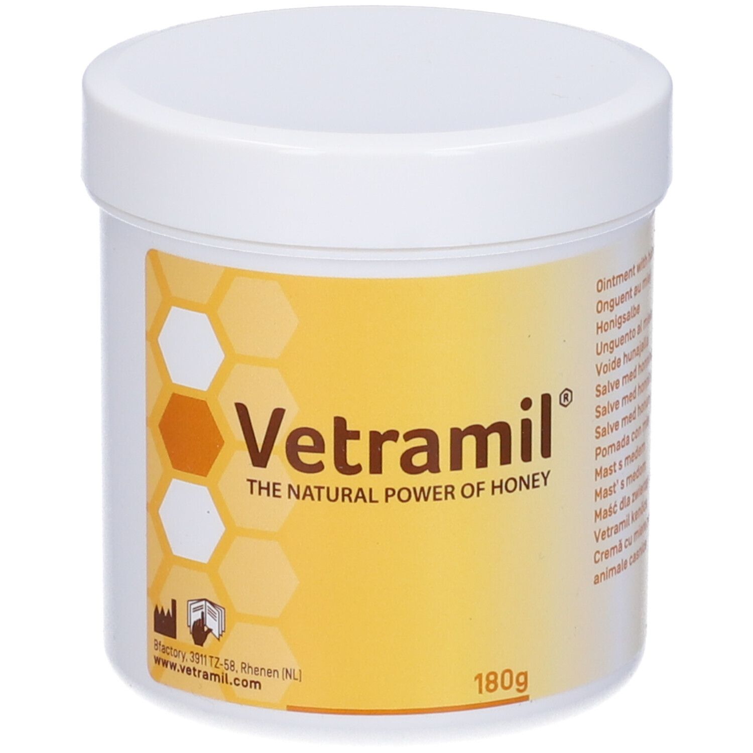 Vasetto bianco con etichetta gialla. Logo "Vetramil" e testi multilingue. 180g.