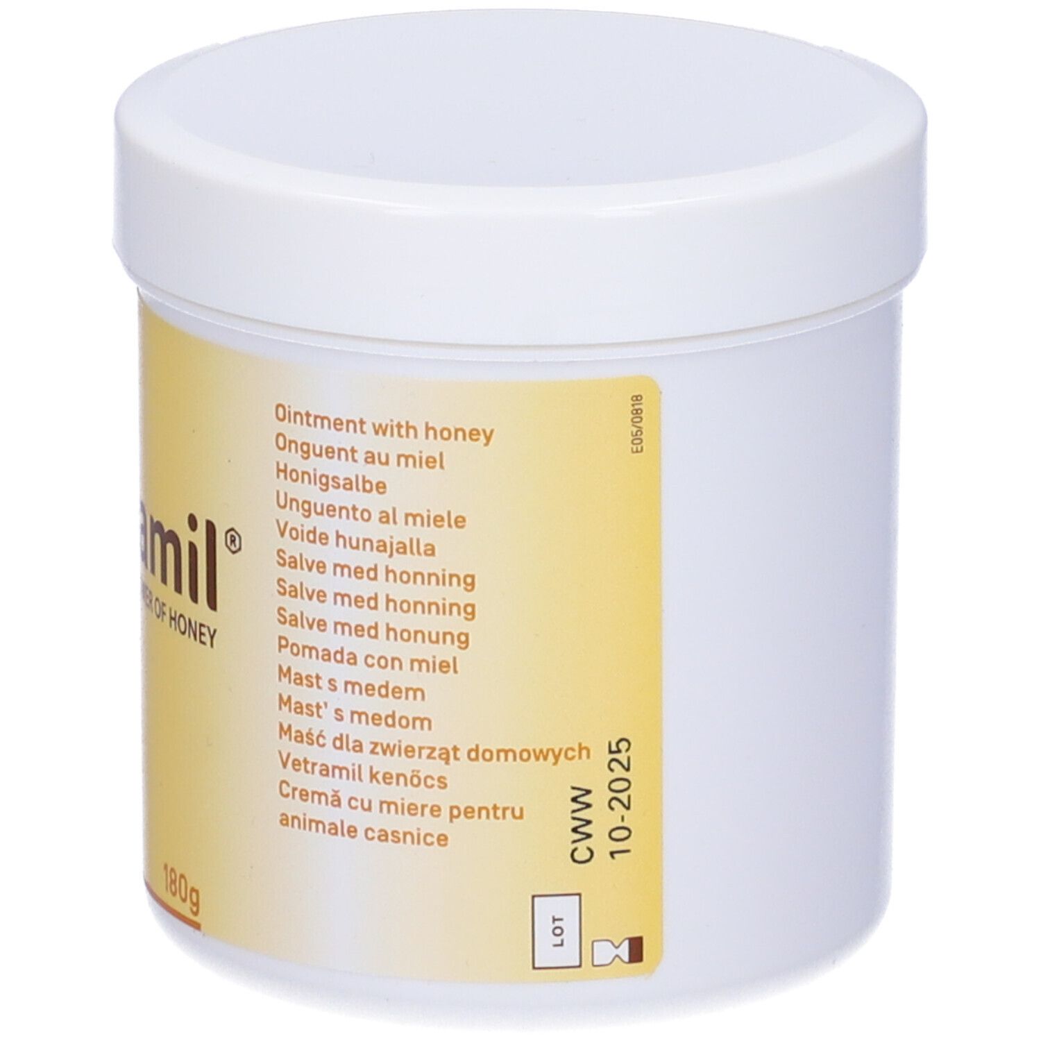 Vasetto bianco con etichetta gialla. Logo "Vetramil" e testi multilingue. 180g.