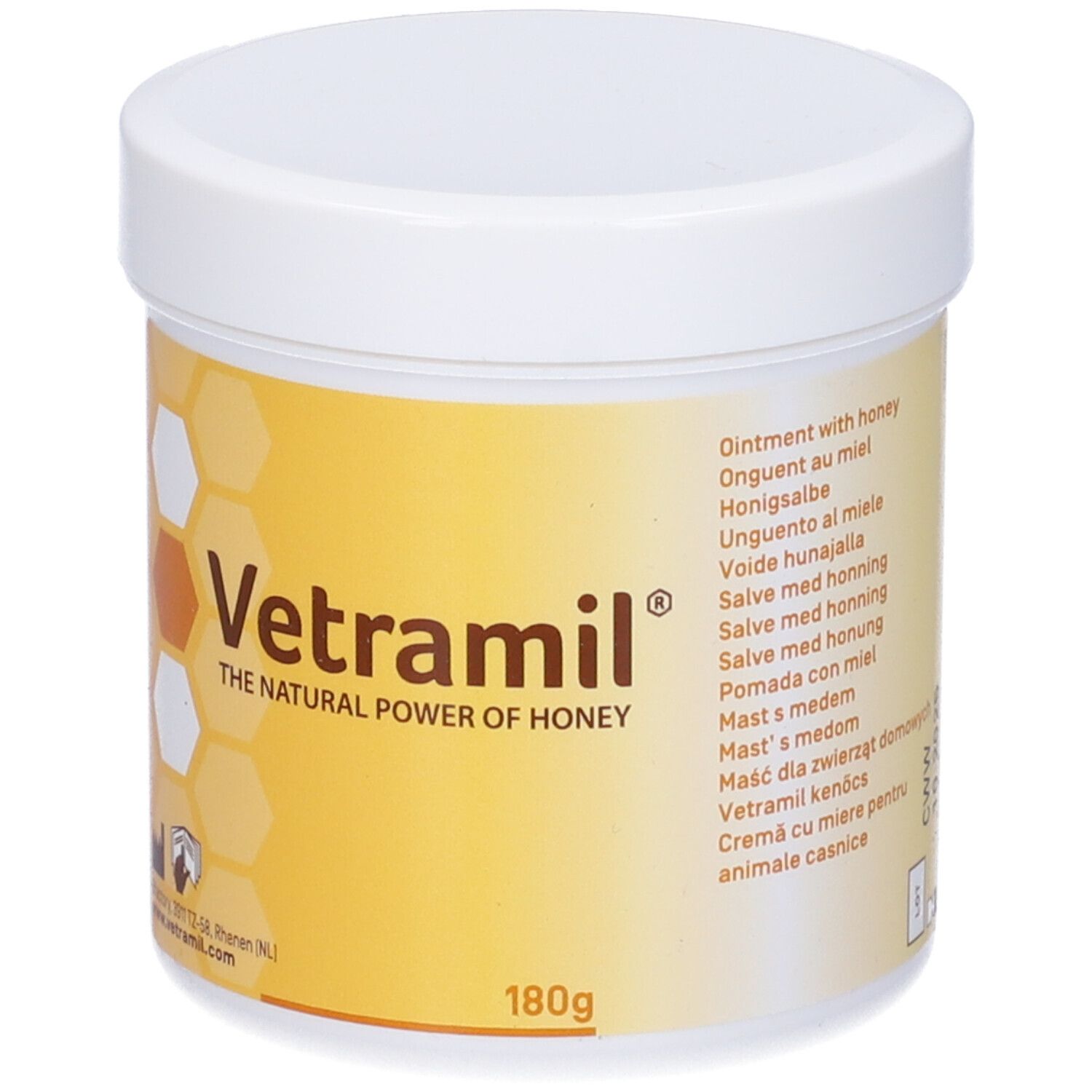 Vasetto bianco con etichetta gialla. Logo "Vetramil" e testi multilingue. 180g.
