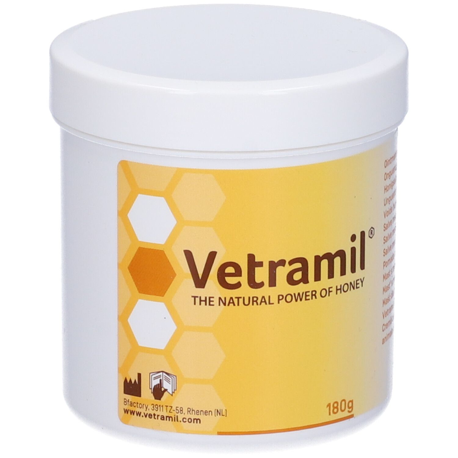 Vasetto bianco con etichetta gialla. Logo "Vetramil" e testi multilingue. 180g.