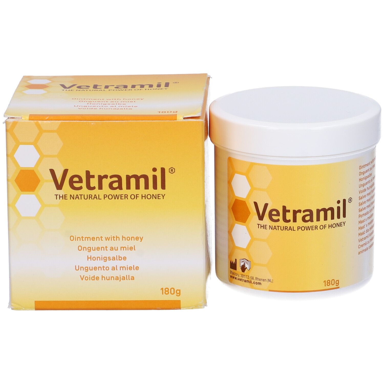 Confezione del prodotto: barattolo e scatola. Logo "Vetramil" e testi multilingue. 180g.