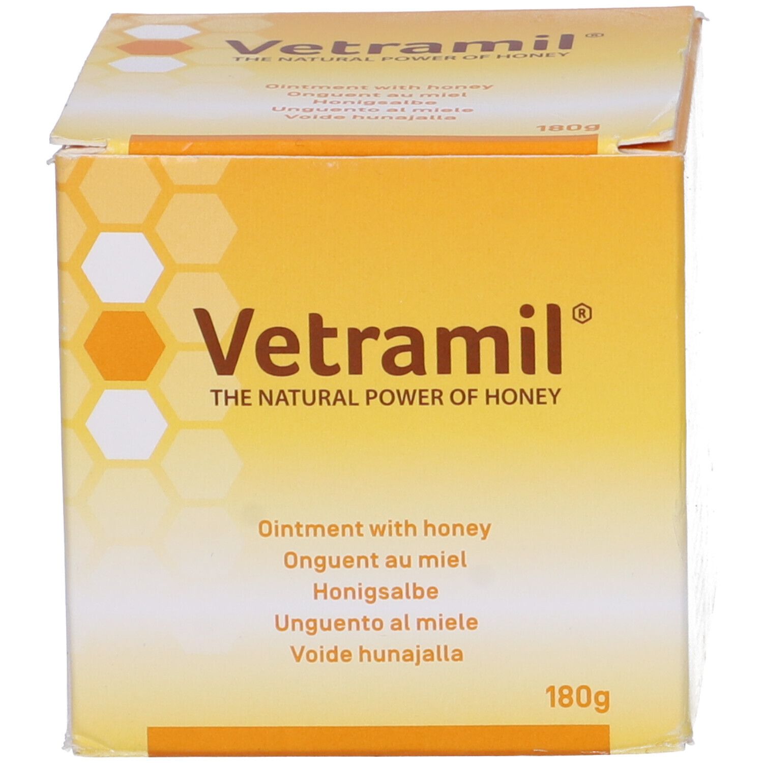 Scatola gialla con logo "Vetramil" e testi multilingue. 180g.