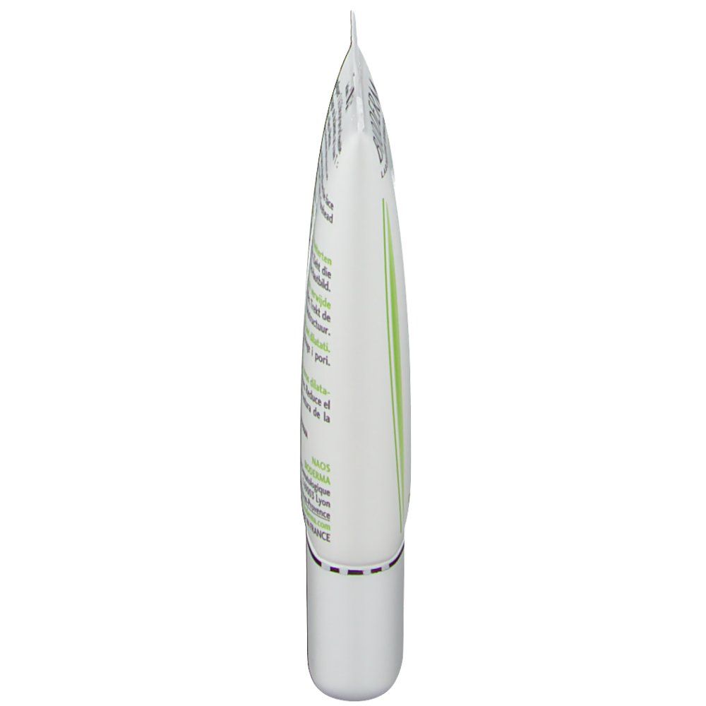 Vista laterale del tubo crema. Testo multilingue. Strisce verdi come elemento di design.