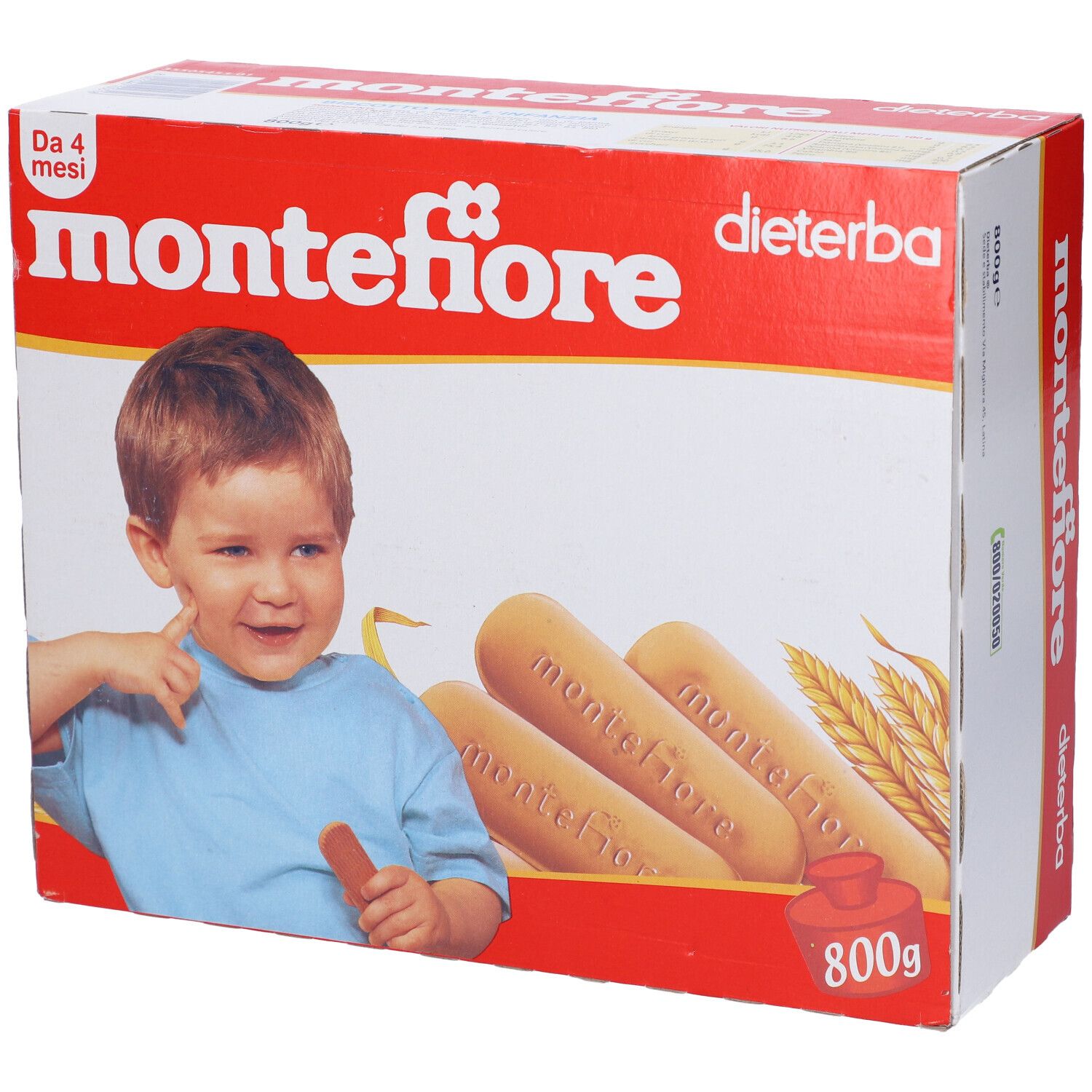 Confezione di biscotti "montefiore". Scatola rossa e bianca con bambino, biscotti e testo. Logo "Dieterba".